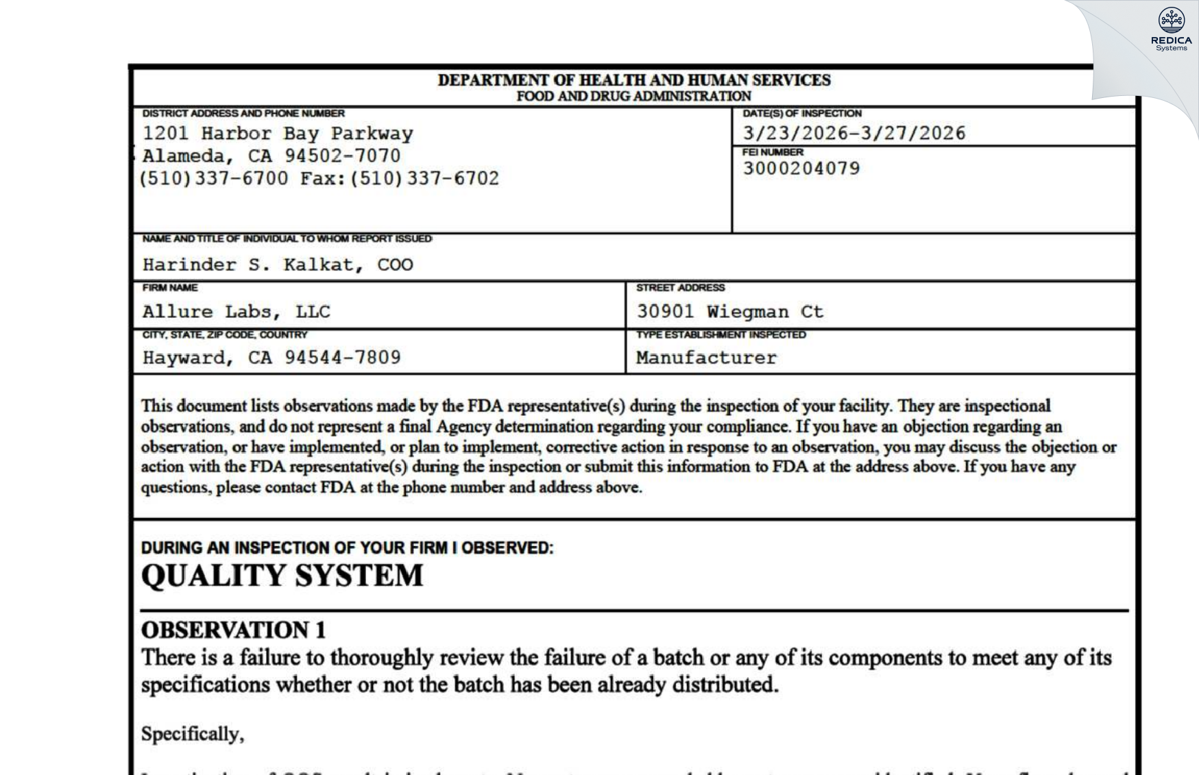 FDA 483 - Allure Labs, Inc [Hayward / United States of America] - Download PDF - Redica Systems