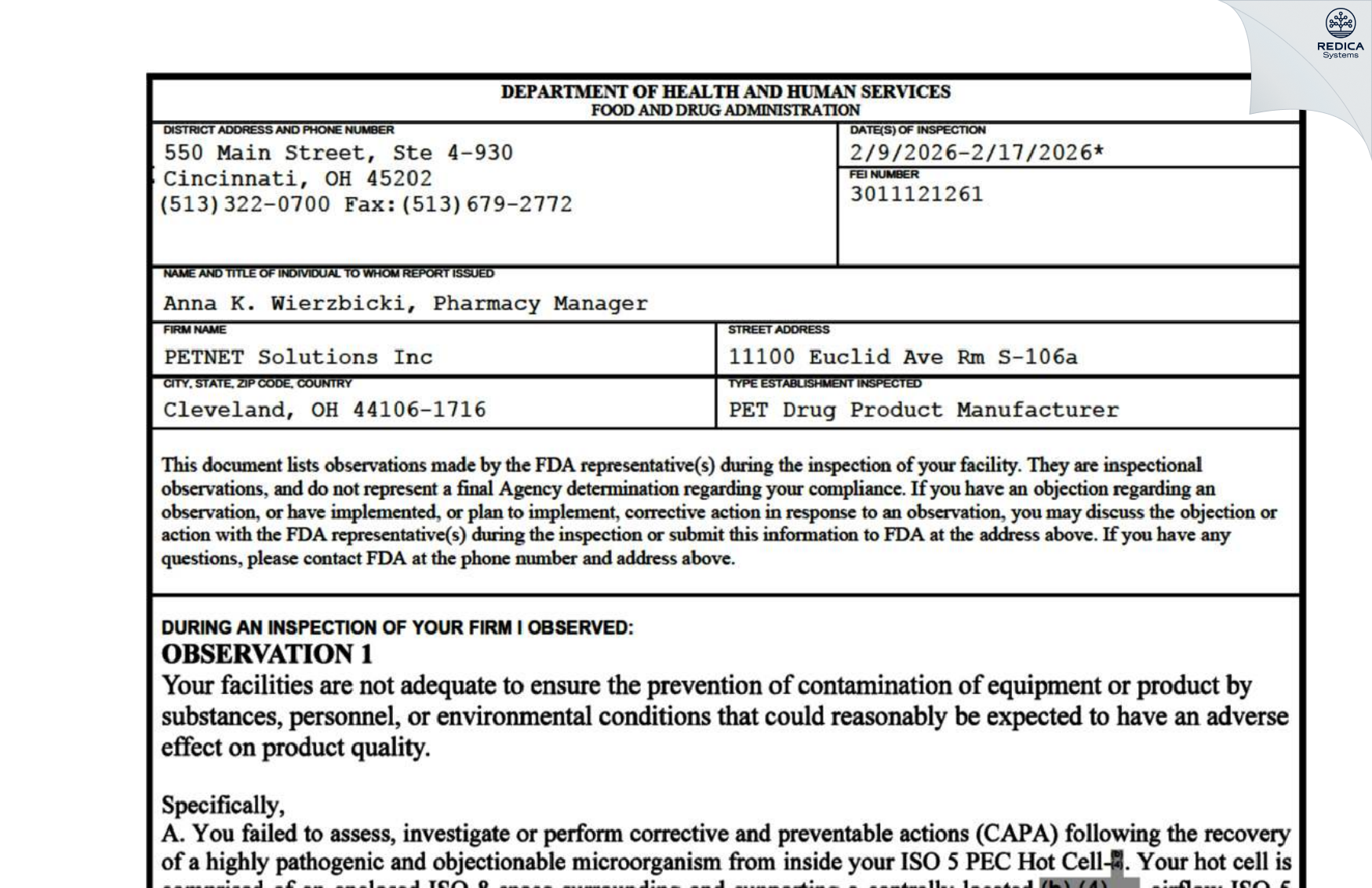 FDA 483 - PETNET SOLUTIONS, INC. [Cleveland / United States of America] - Download PDF - Redica Systems