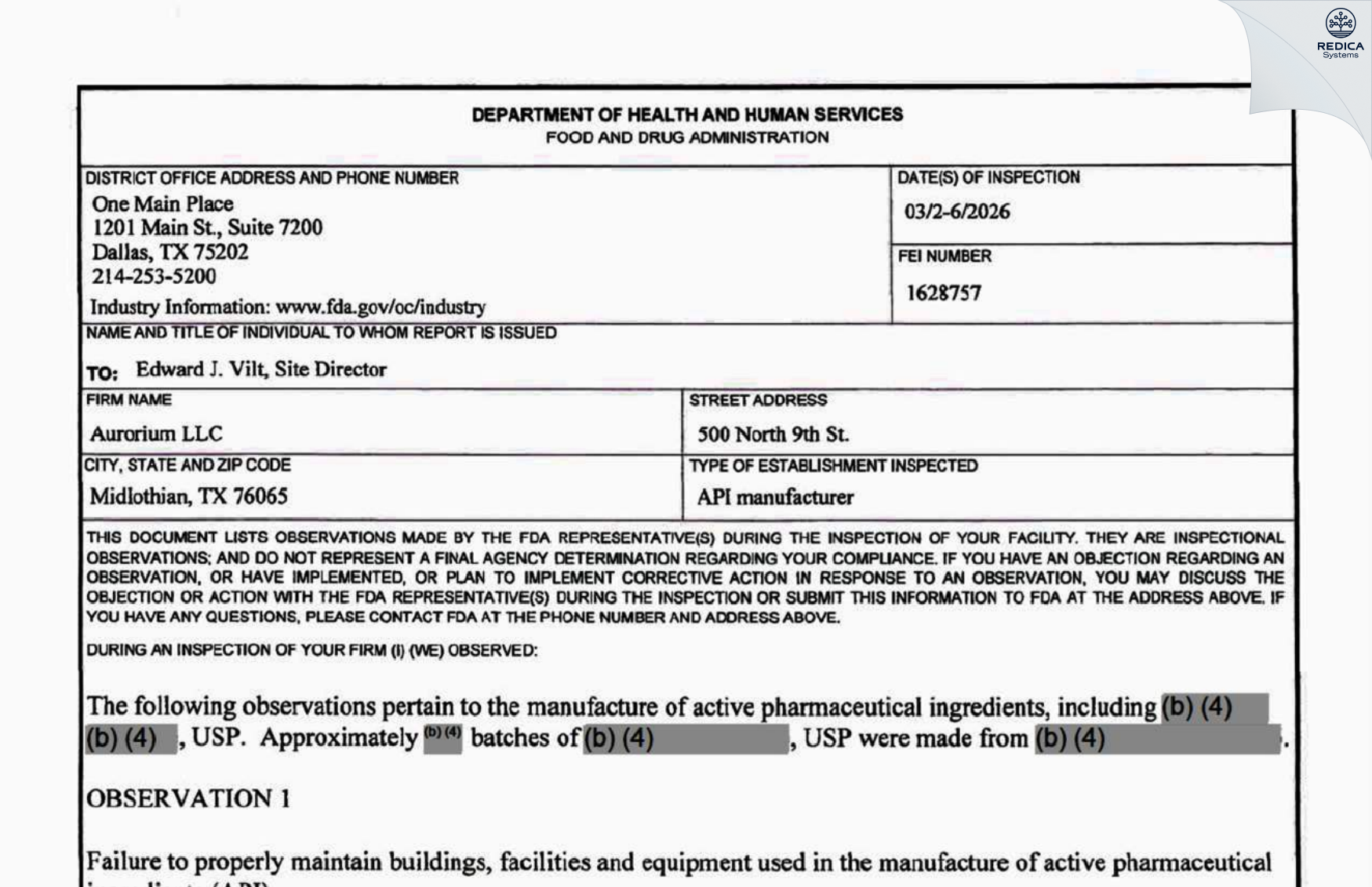 FDA 483 - Aurorium LLC [Midlothian / United States of America] - Download PDF - Redica Systems