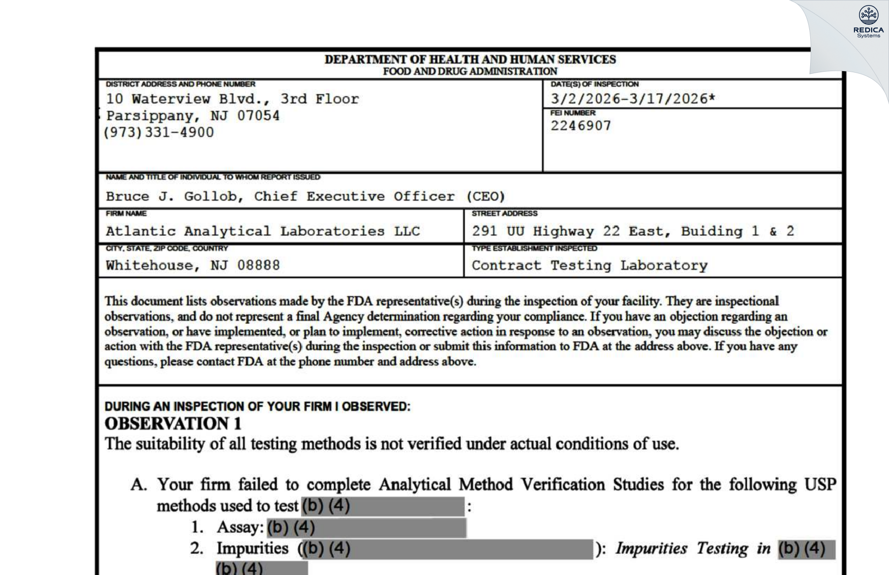 FDA 483 - ATLANTIC ANALYTICAL LABS INC [Lebanon / United States of America] - Download PDF - Redica Systems