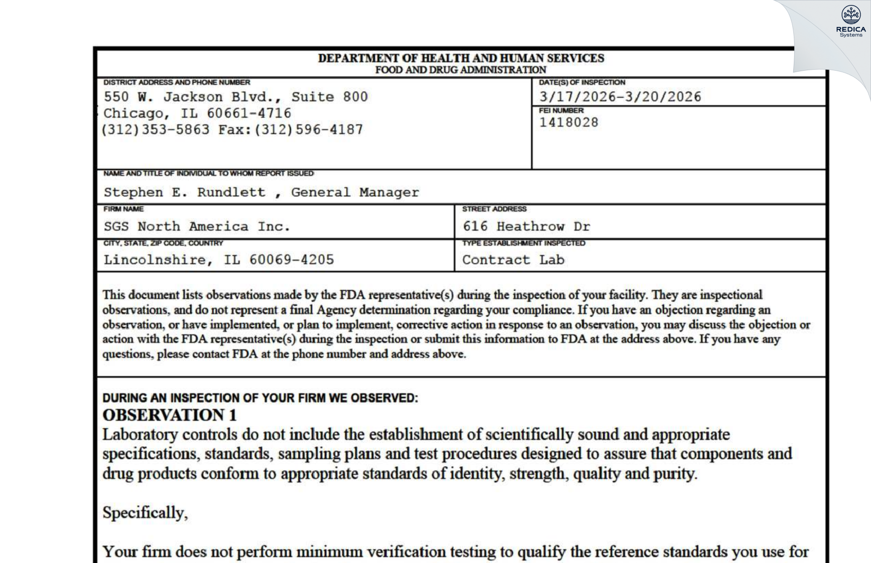 FDA 483 - SGS North America Inc. [Lincolnshire / United States of America] - Download PDF - Redica Systems