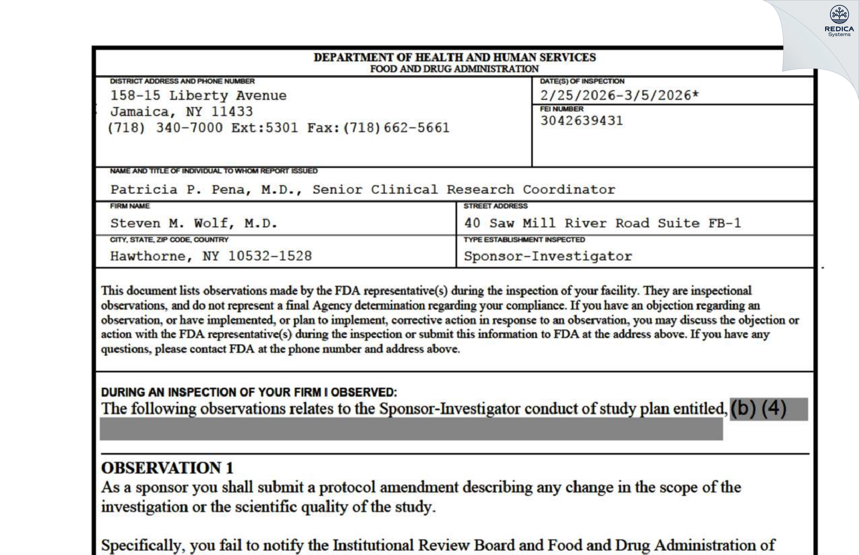 FDA 483 - Steven M. Wolf, M.D. [Hawthorne / United States of America] - Download PDF - Redica Systems