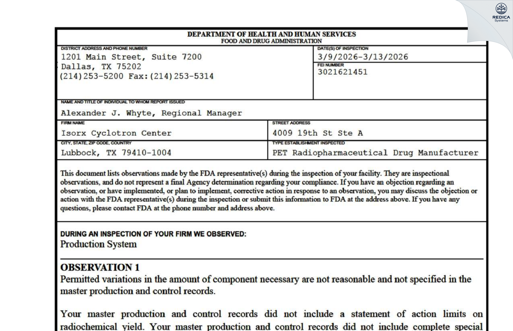 FDA 483 - ISORX CYCLOTRON CENTER [Lubbock / United States of America] - Download PDF - Redica Systems
