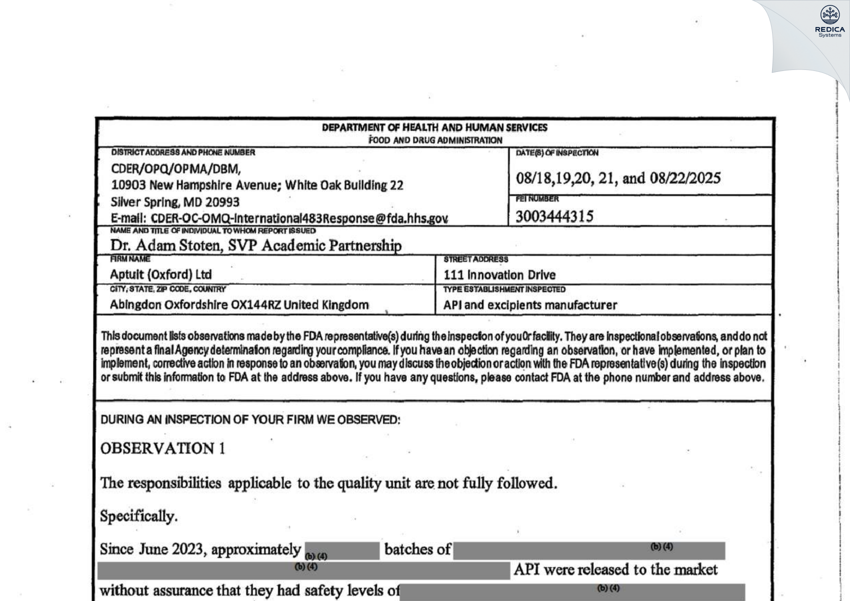 FDA 483 - Aptuit (Oxford) Ltd [Abingdon / United Kingdom of Great Britain and Northern Ireland] - Download PDF - Redica Systems