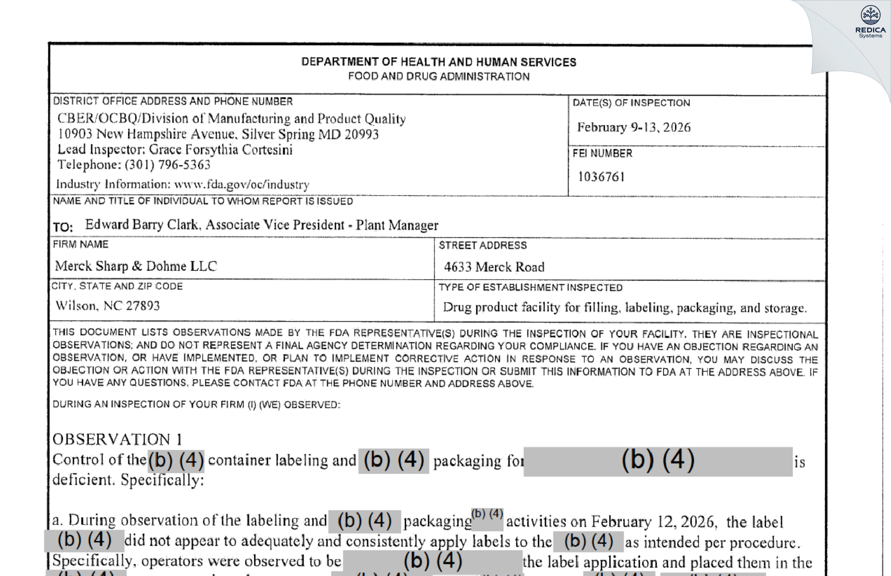 FDA 483 - Merck Sharp & Dohme LLC [Wilson / United States of America] - Download PDF - Redica Systems