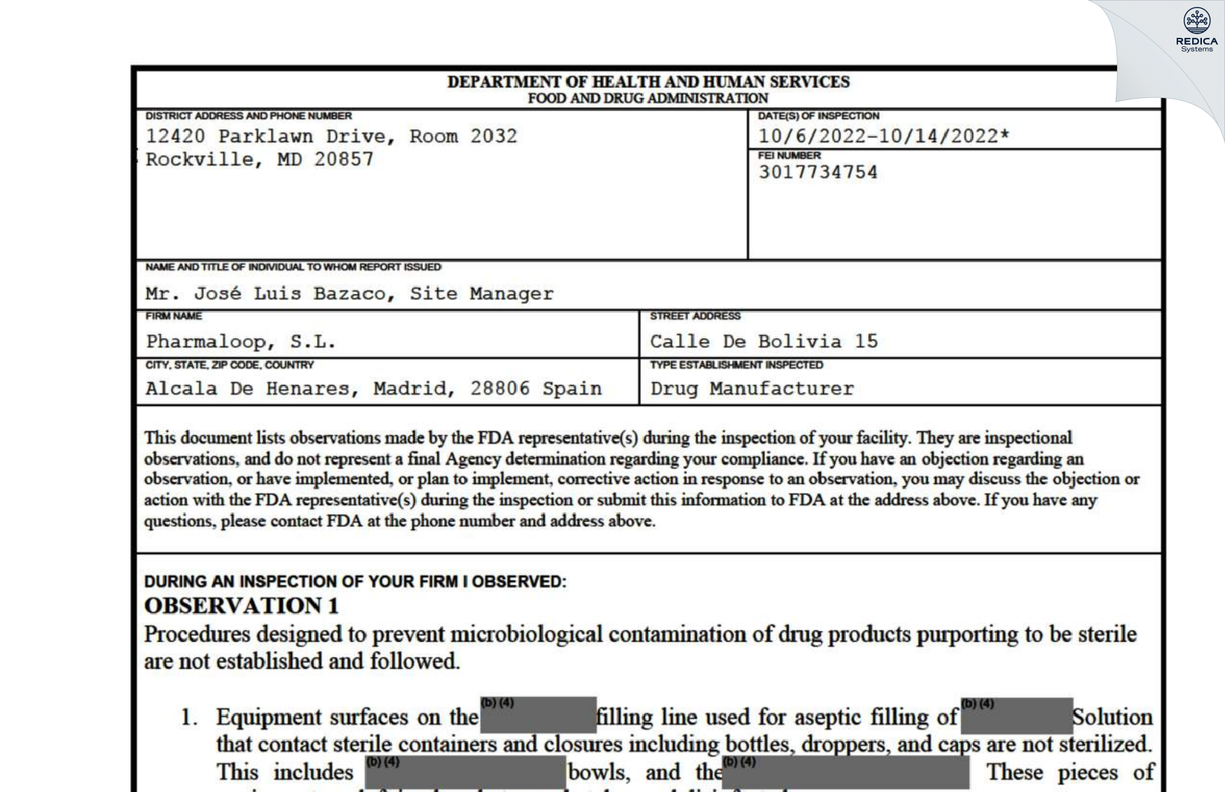 FDA 483 - PHARMALOOP SL. [Alcalá De Henares / Spain] - Download PDF - Redica Systems
