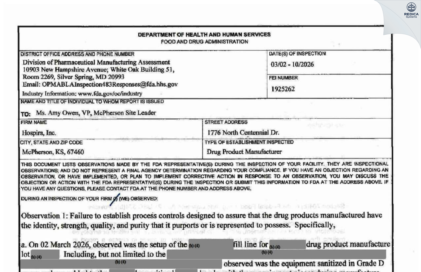 FDA 483 - Hospira, Inc. [Mcpherson / United States of America] - Download PDF - Redica Systems