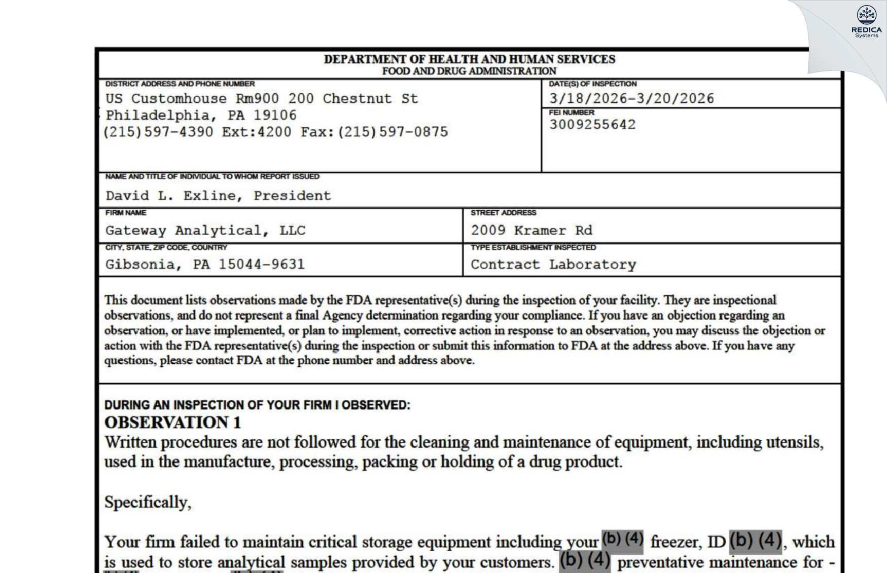 FDA 483 - Gateway Analytical [Gibsonia / United States of America] - Download PDF - Redica Systems