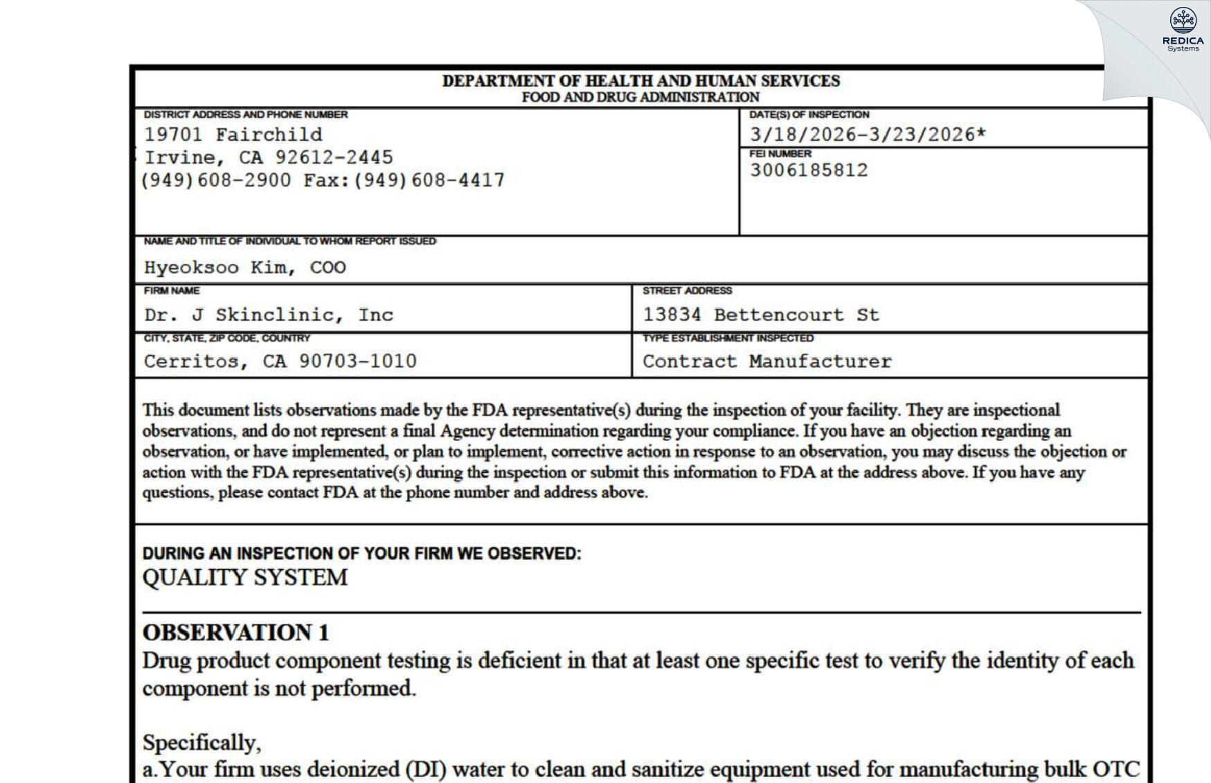 FDA 483 - Dr. J SkinClinic, Inc. [Cerritos / United States of America] - Download PDF - Redica Systems