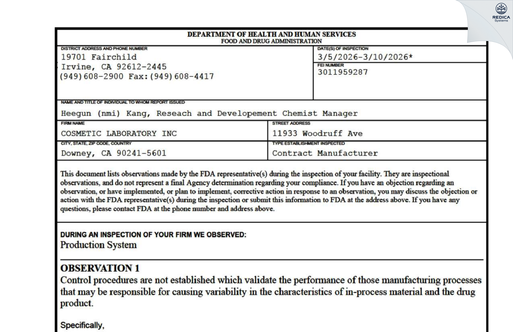 FDA 483 - COSMETIC LAB INC. [Downey / United States of America] - Download PDF - Redica Systems