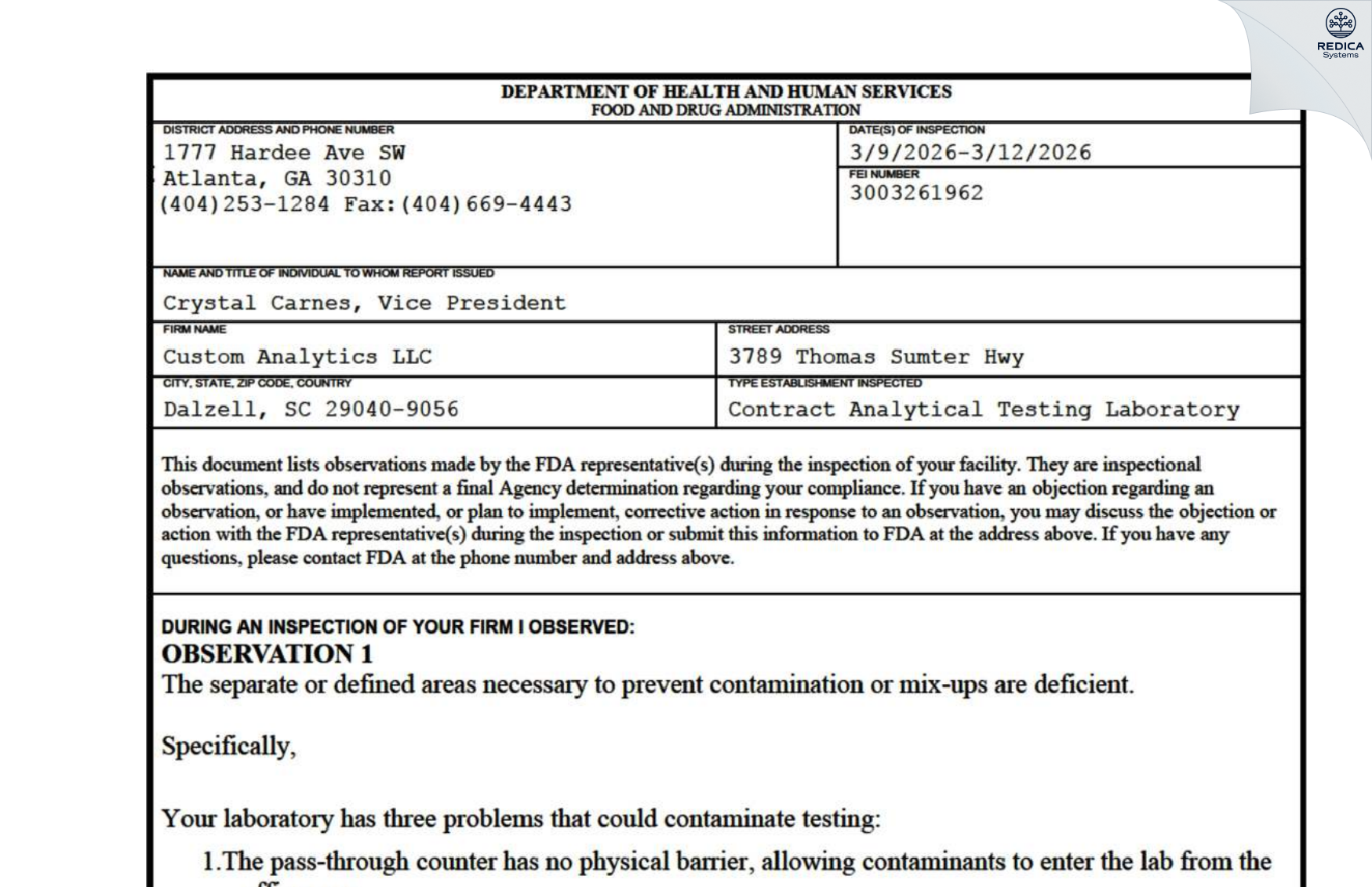 FDA 483 - Custom Analytics LLC [Dalzell / United States of America] - Download PDF - Redica Systems