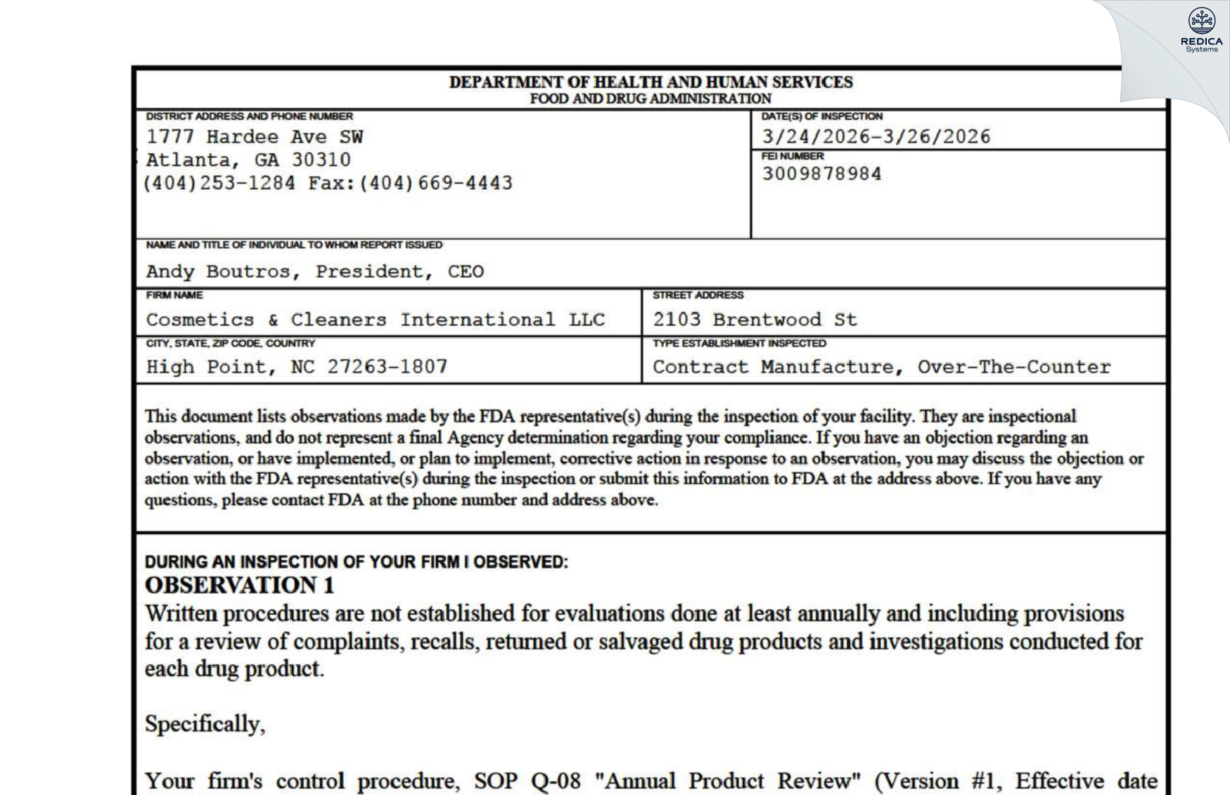 FDA 483 - Cosmetics & Cleaners International, LLC. DBA C&C Industries [Doral / United States of America] - Download PDF - Redica Systems