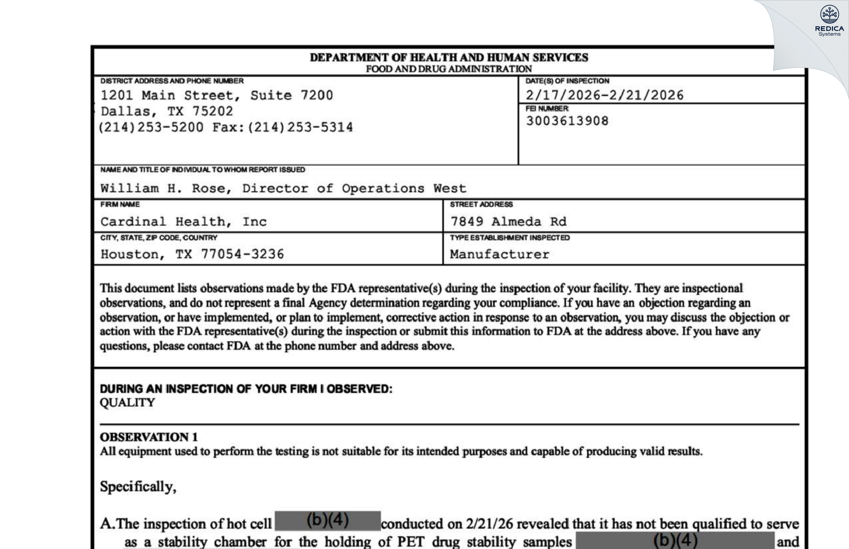 FDA 483 - Cardinal Health, Inc. [Houston / United States of America] - Download PDF - Redica Systems