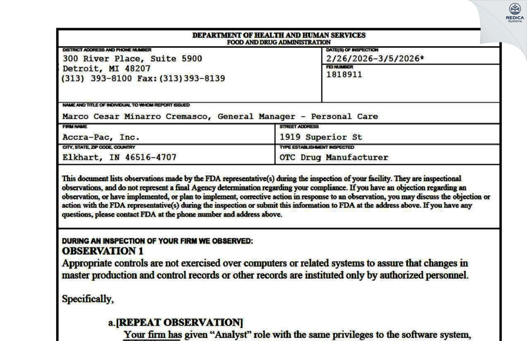 FDA 483 - Accra Pac, Inc. dba Voyant Beauty [Elkhart / United States of America] - Download PDF - Redica Systems
