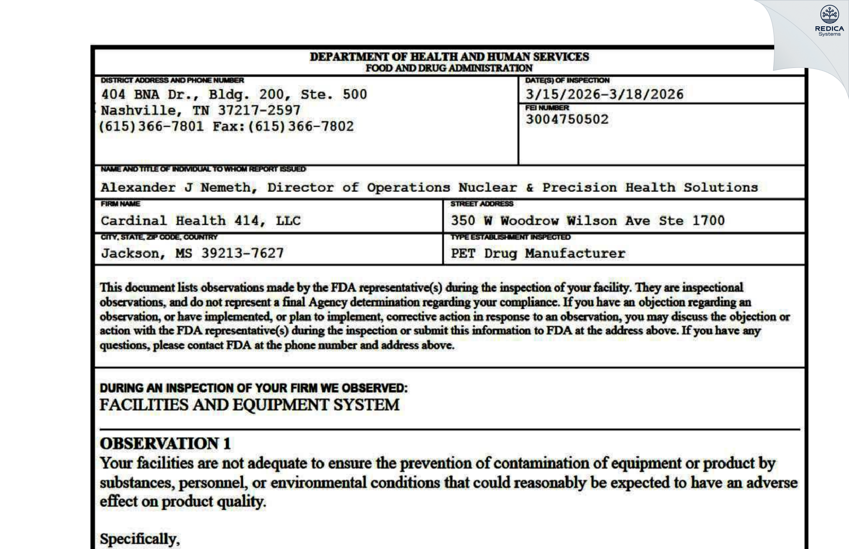 FDA 483 - Cardinal Health 414, LLC [Jackson / United States of America] - Download PDF - Redica Systems