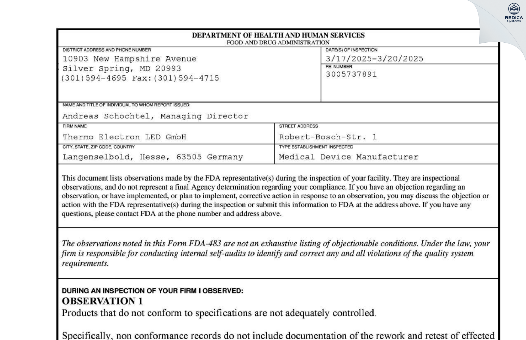 FDA 483 - Thermo Electron LED GmbH [Langenselbold / Germany] - Download PDF - Redica Systems
