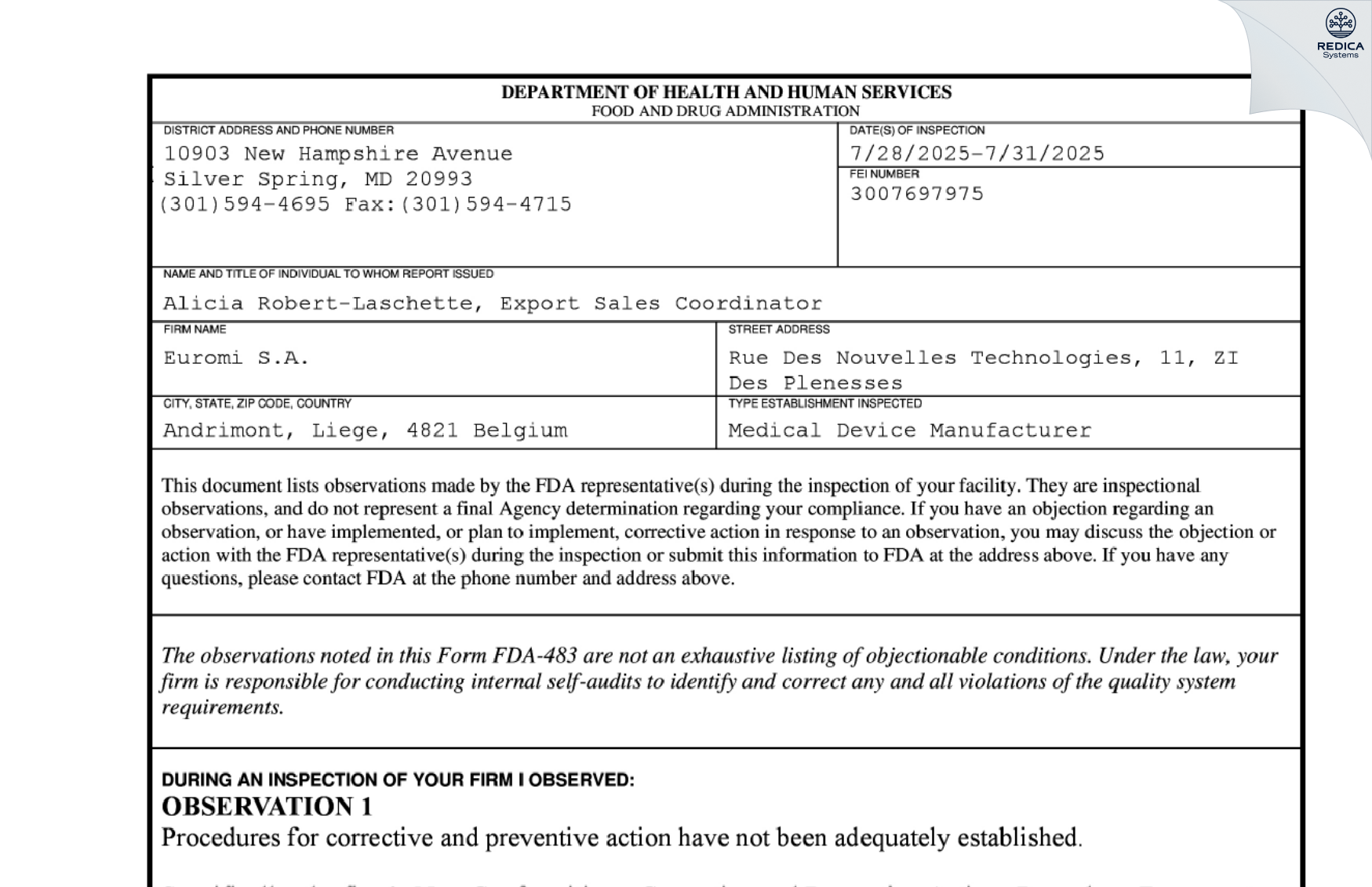 FDA 483 - EUROMI S.A. [Dison / Belgium] - Download PDF - Redica Systems