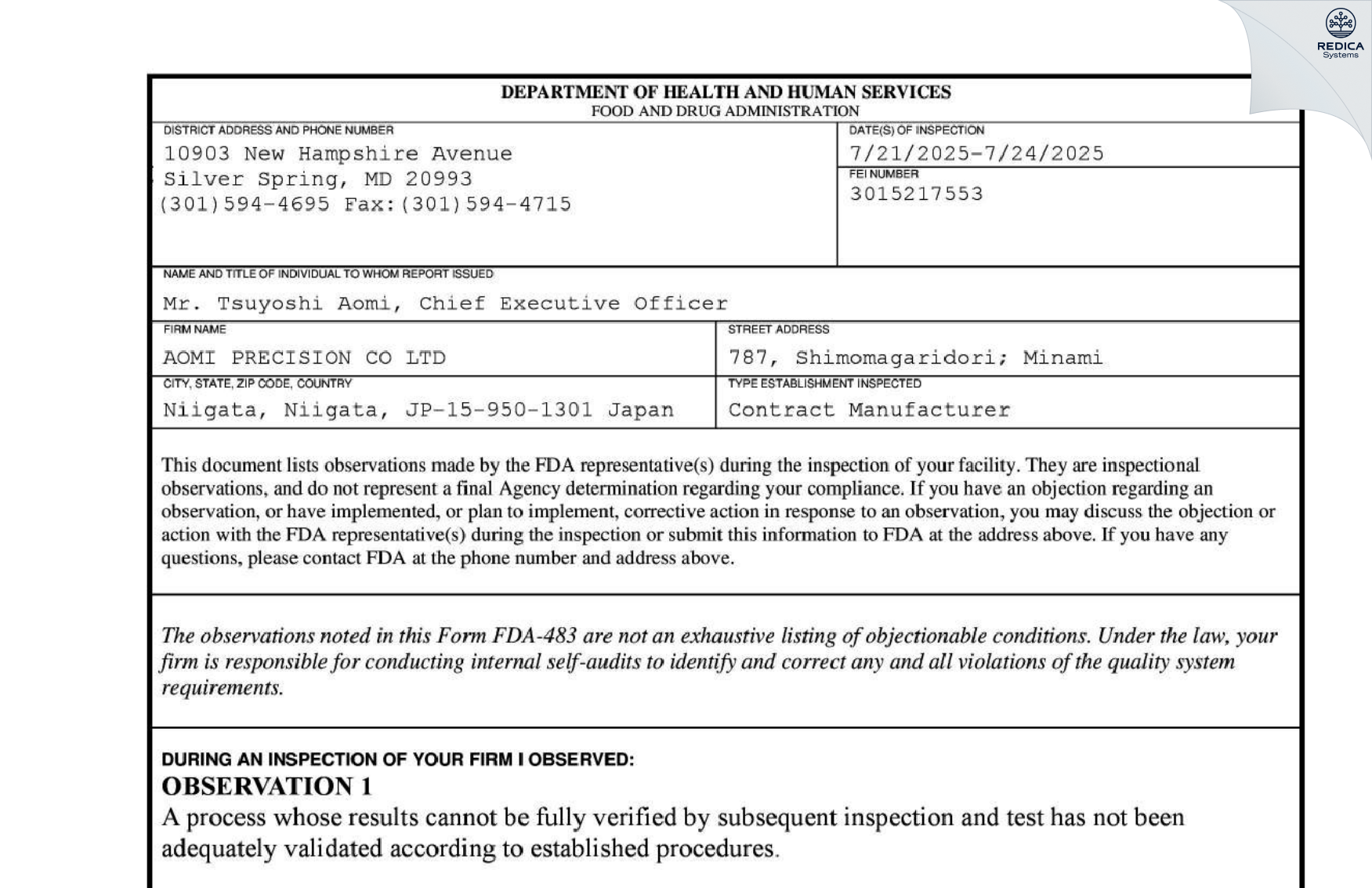 FDA 483 - AOMI PRECISION CO. LTD. [Minami-Ku / Japan] - Download PDF - Redica Systems