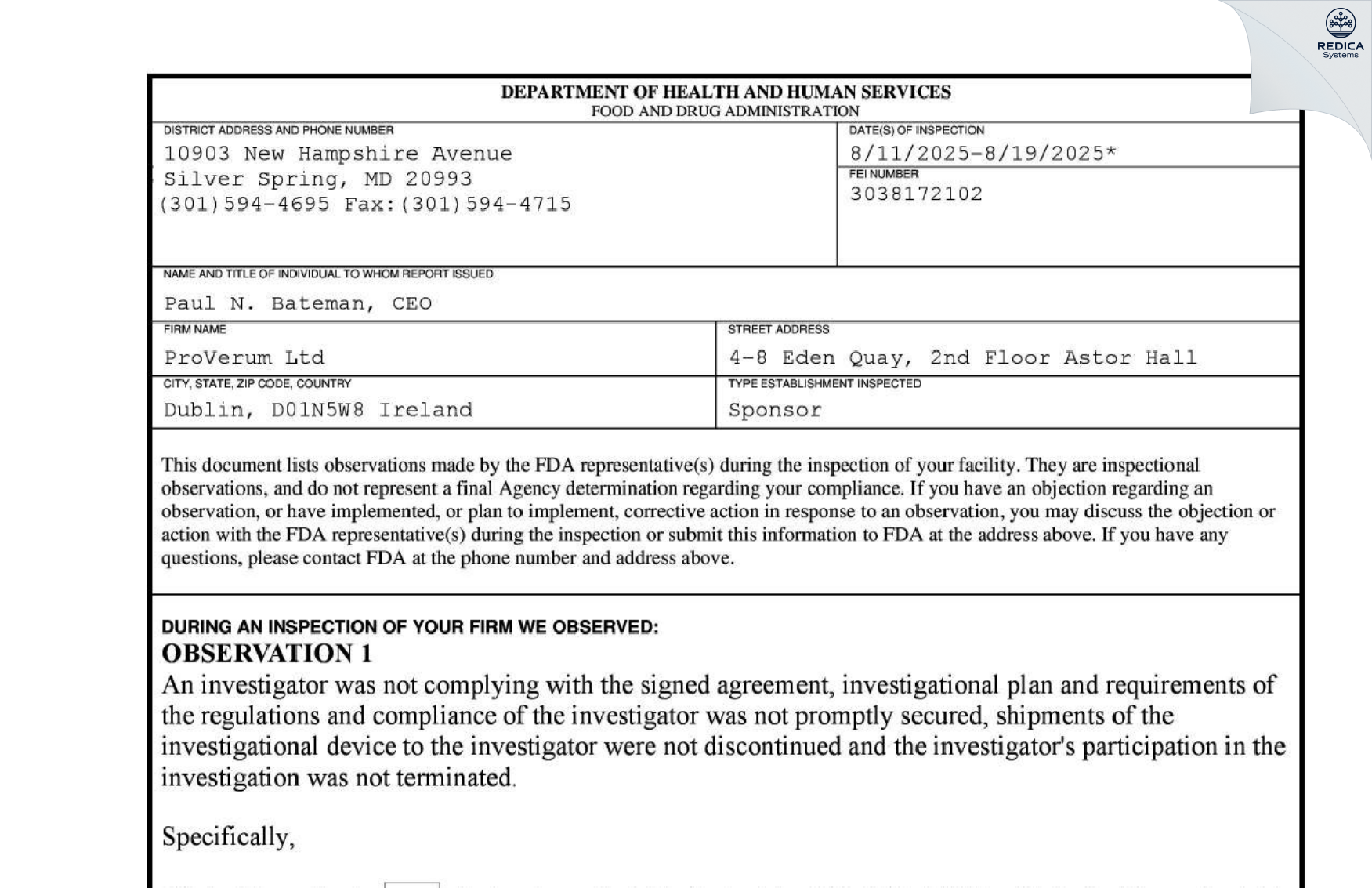 FDA 483 - ProVerum Ltd [Dublin / Ireland] - Download PDF - Redica Systems