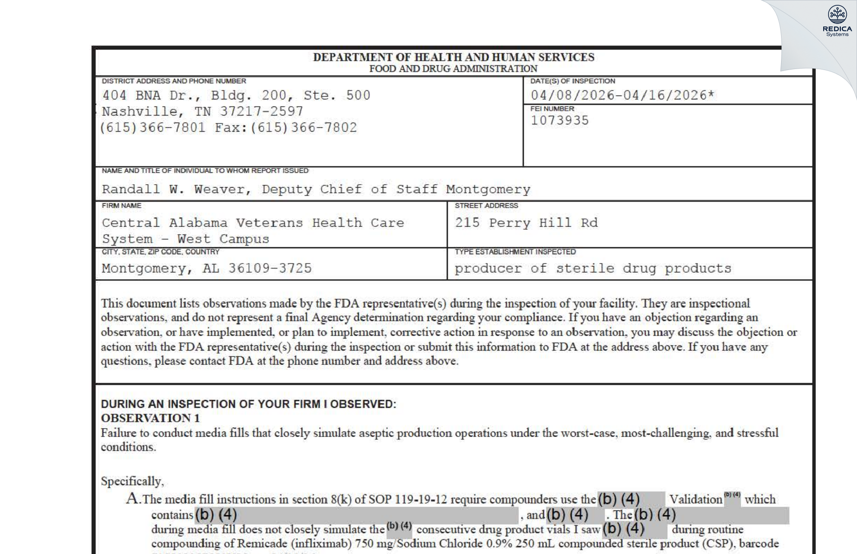 FDA 483 - Central Alabama Veterans Health Care System - West Campus [Montgomery / United States of America] - Download PDF - Redica Systems