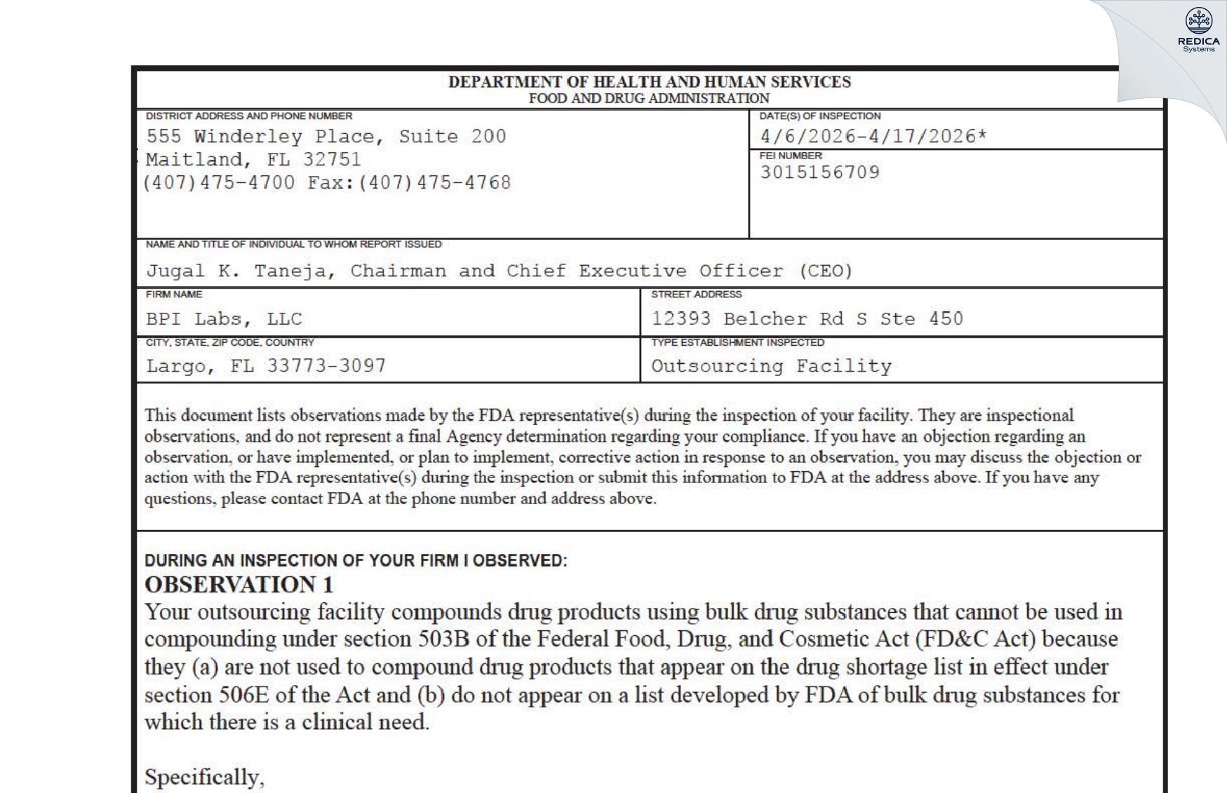 FDA 483 - BPI LABS LLC [Largo / United States of America] - Download PDF - Redica Systems