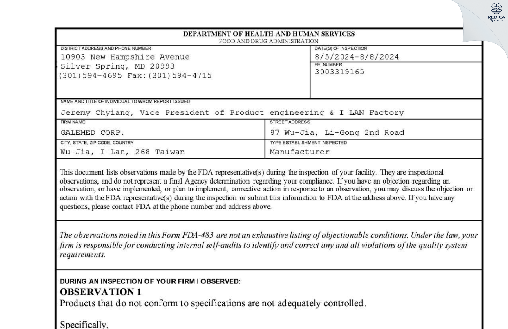FDA 483 - Galemed Corporation [Wu Jie Xiang / Taiwan] - Download PDF - Redica Systems