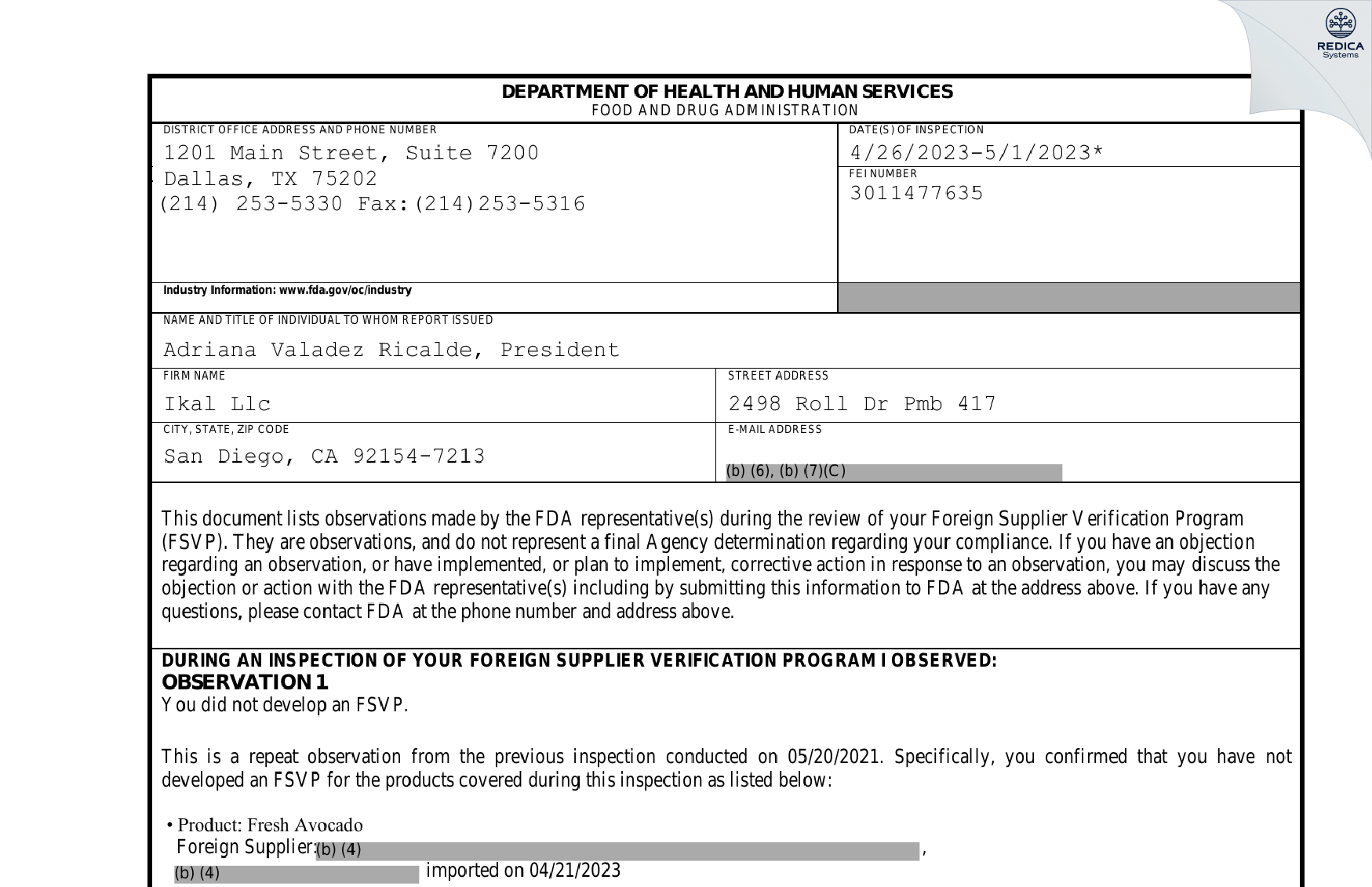 FDA 483 - Ikal LLC [San Diego / United States of America] - Download PDF - Redica Systems