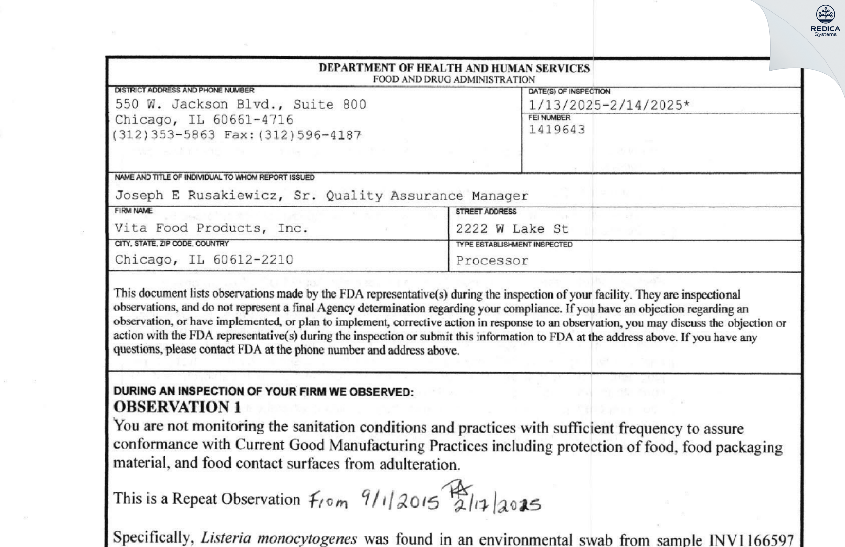 FDA 483 - Vita Food Products, Inc. [Chicago / United States of America] - Download PDF - Redica Systems