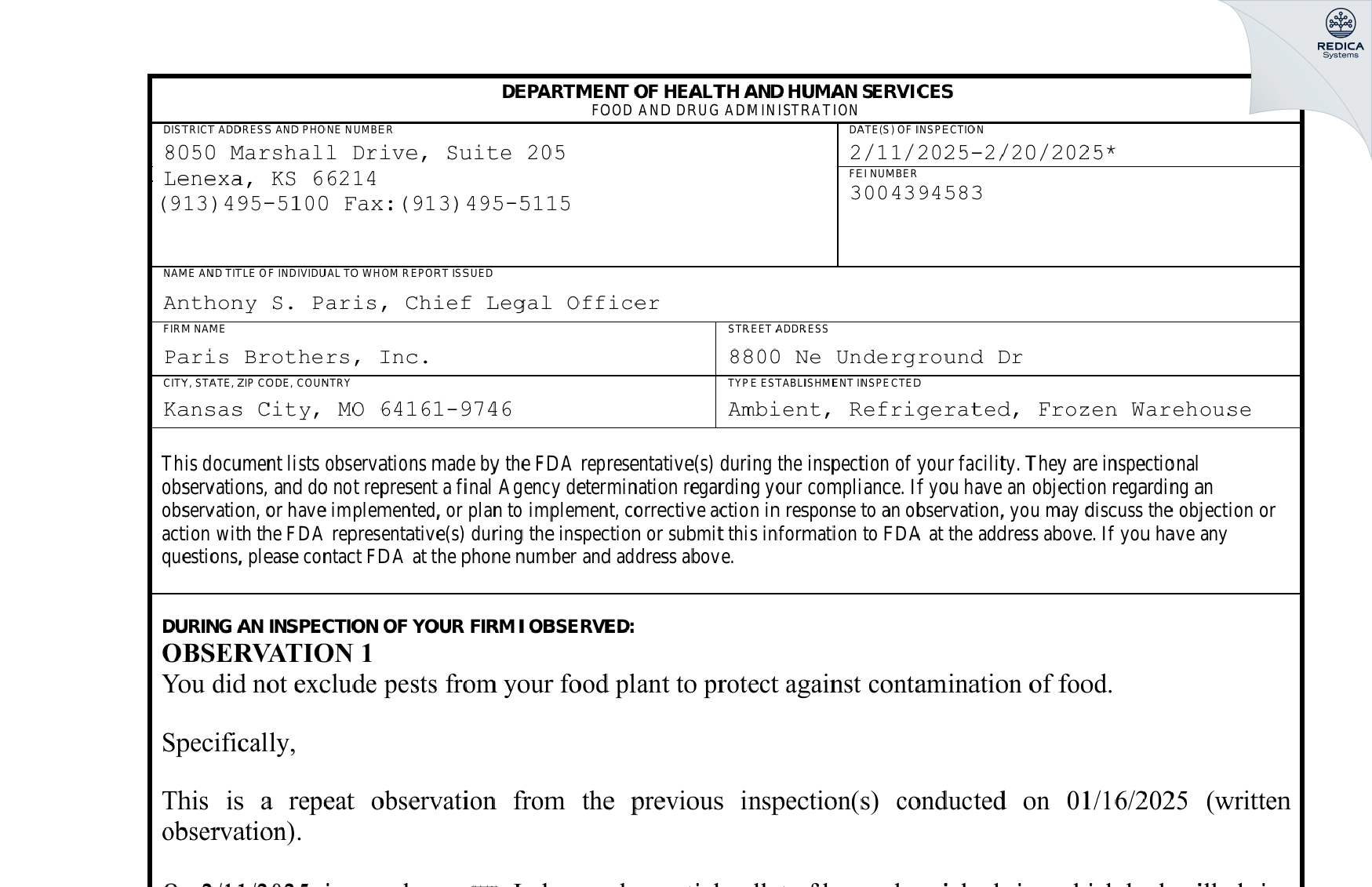 FDA 483 - Paris Brothers Inc [Kansas City / United States of America] - Download PDF - Redica Systems