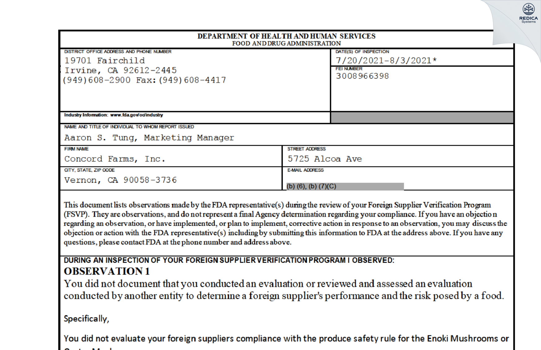 FDA 483 - Concord Farms, Inc. [Vernon / United States of America] - Download PDF - Redica Systems