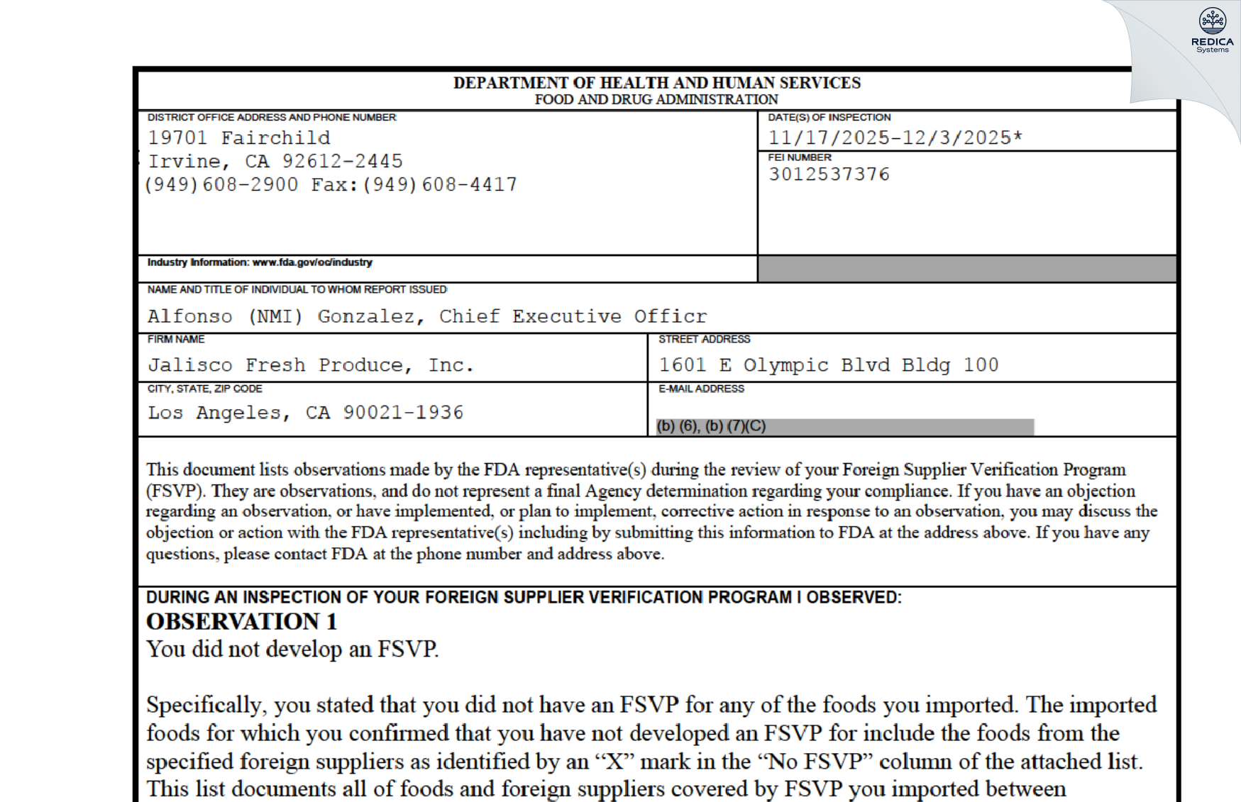 FDA 483 - Jalisco Fresh Produce, Inc. [Los Angeles / United States of America] - Download PDF - Redica Systems