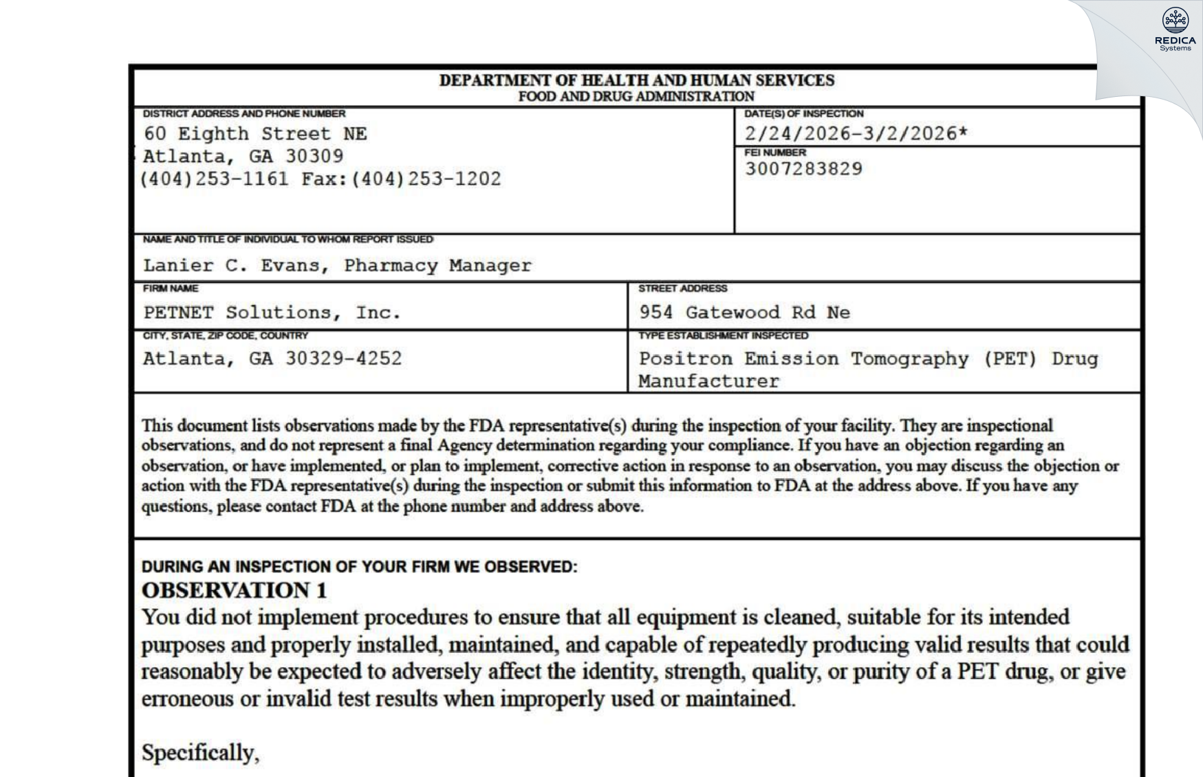 FDA 483 - PETNET SOLUTIONS, INC. [Atlanta / United States of America] - Download PDF - Redica Systems
