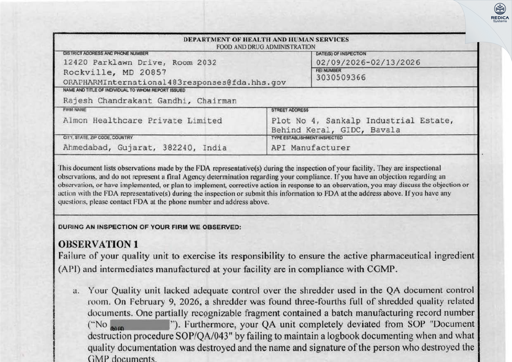 FDA 483 - ALMON HEALTHCARE PRIVATE LIMITED [Aditya Nagar / India] - Download PDF - Redica Systems
