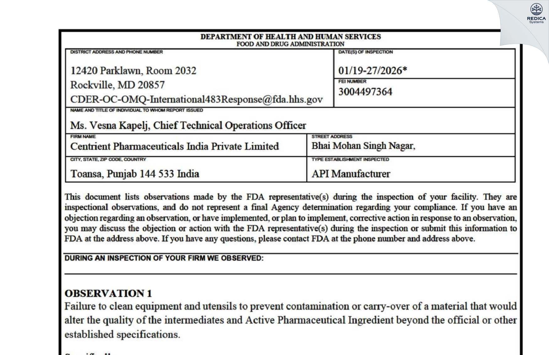 FDA 483 - CENTRIENT PHARMACEUTICALS INDIA PRIVATE LIMITED [Balachaur Sub-District / India] - Download PDF - Redica Systems