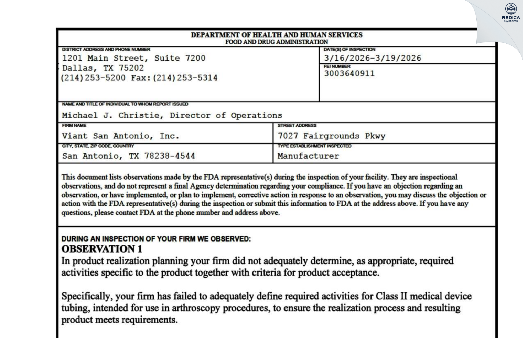 FDA 483 - Viant San Antonio, Inc. [San Antonio / United States of America] - Download PDF - Redica Systems