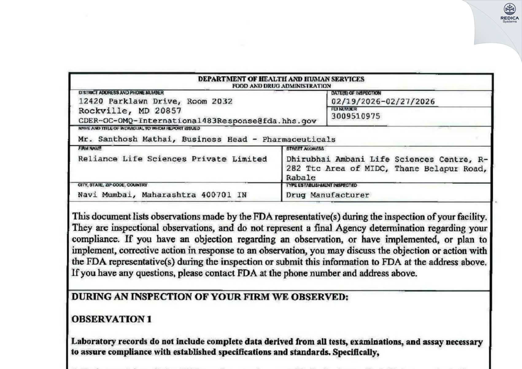 FDA 483 - Reliance Life Sciences Private Limited [Navi Mumbai / India] - Download PDF - Redica Systems