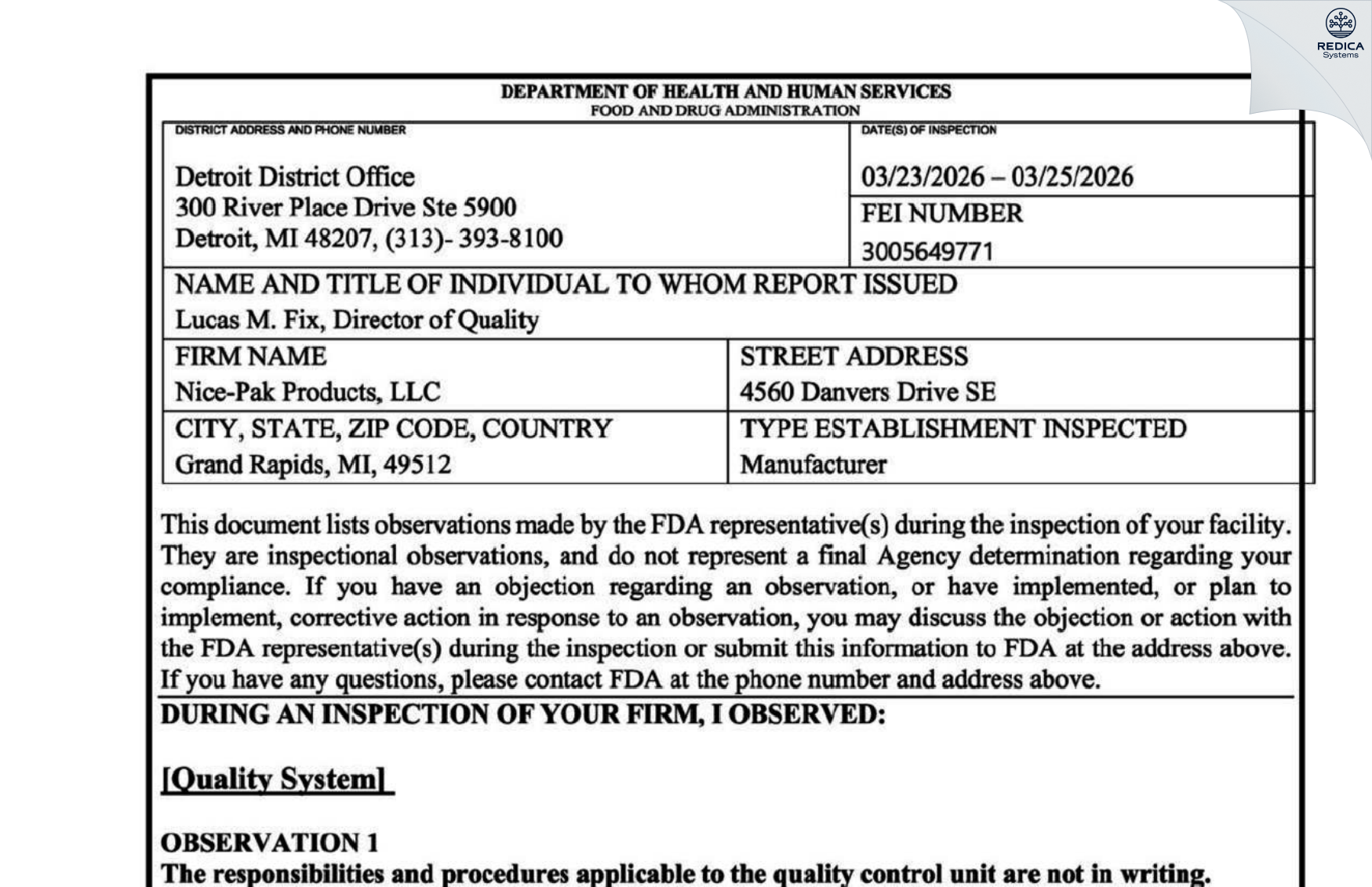 FDA 483 - Abaco Partners LLC DBA Surefil [Grand Rapids / United States of America] - Download PDF - Redica Systems