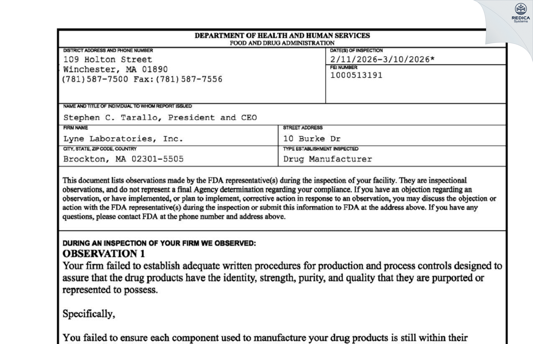 FDA 483 - Lyne Laboratories, Inc. [Brockton / United States of America] - Download PDF - Redica Systems