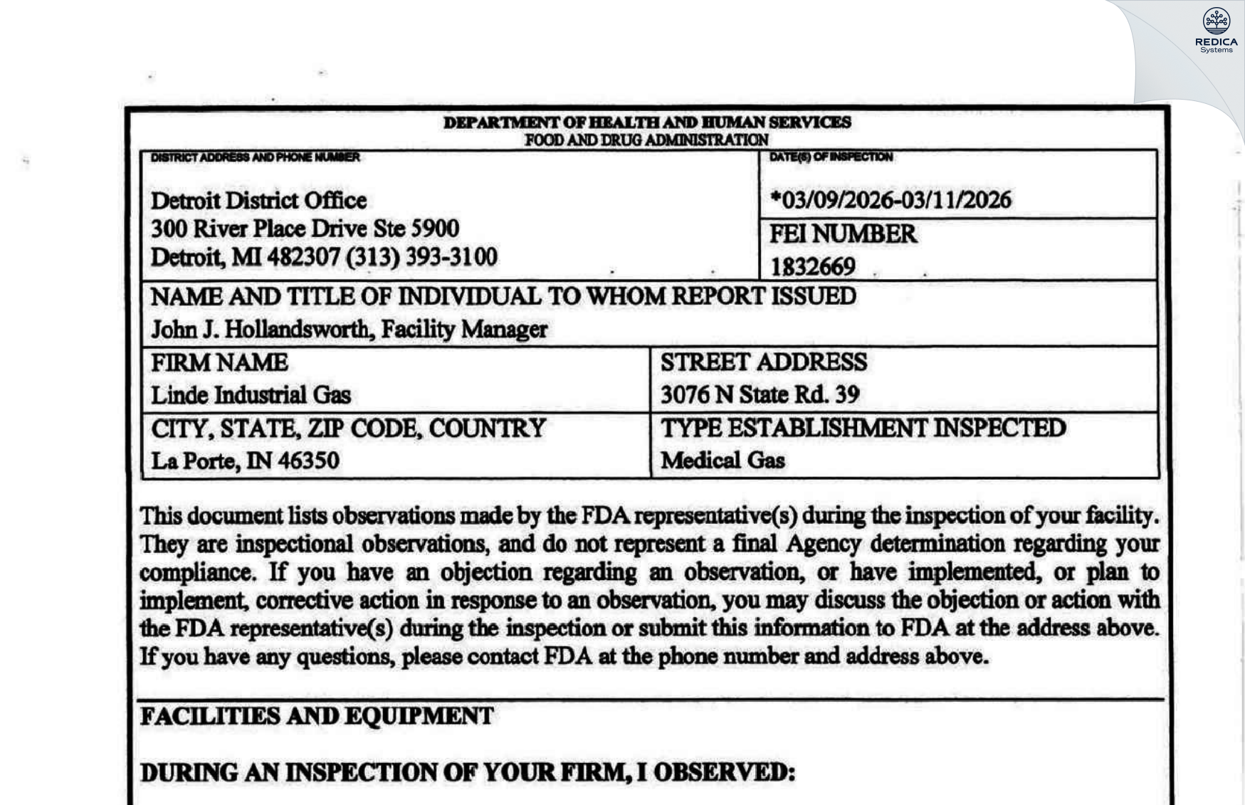 FDA 483 - Linde Inc. [La Porte / United States of America] - Download PDF - Redica Systems