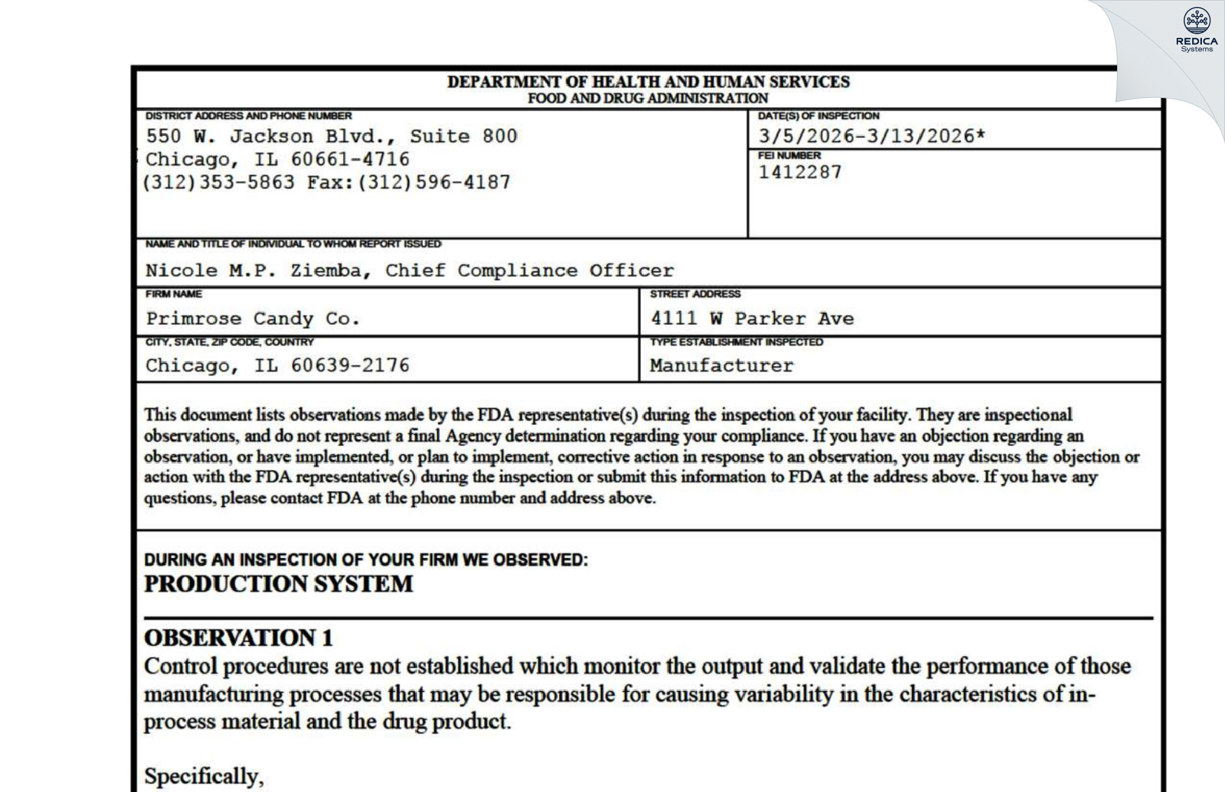 FDA 483 - Primrose Candy Company [Chicago / United States of America] - Download PDF - Redica Systems