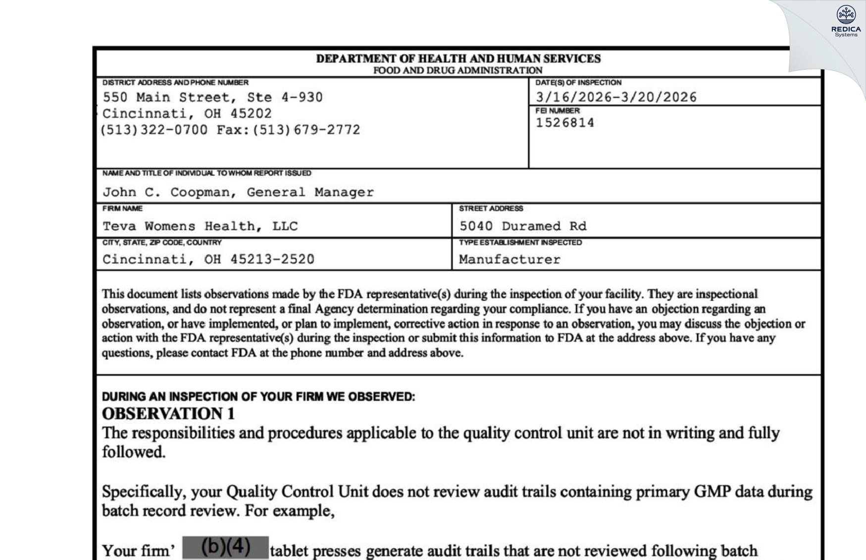 FDA 483 - Teva Women's Health LLC [Cincinnati / United States of America] - Download PDF - Redica Systems