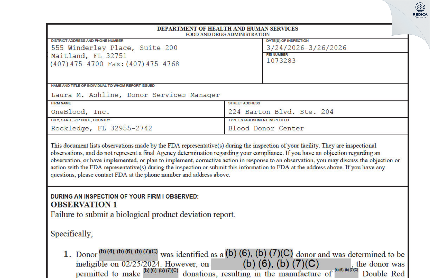 FDA 483 - OneBlood, Inc. [Rockledge / United States of America] - Download PDF - Redica Systems