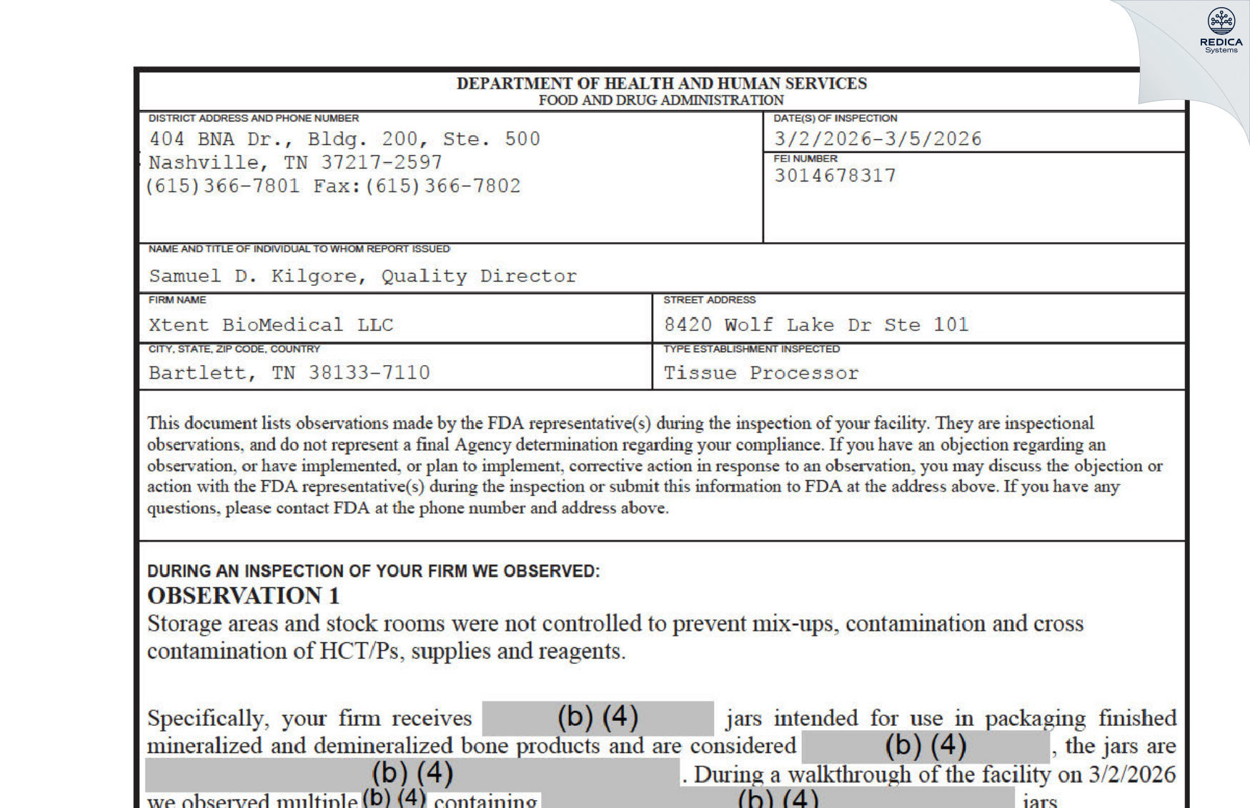 FDA 483 - Xtent BioMedical LLC [Bartlett / United States of America] - Download PDF - Redica Systems
