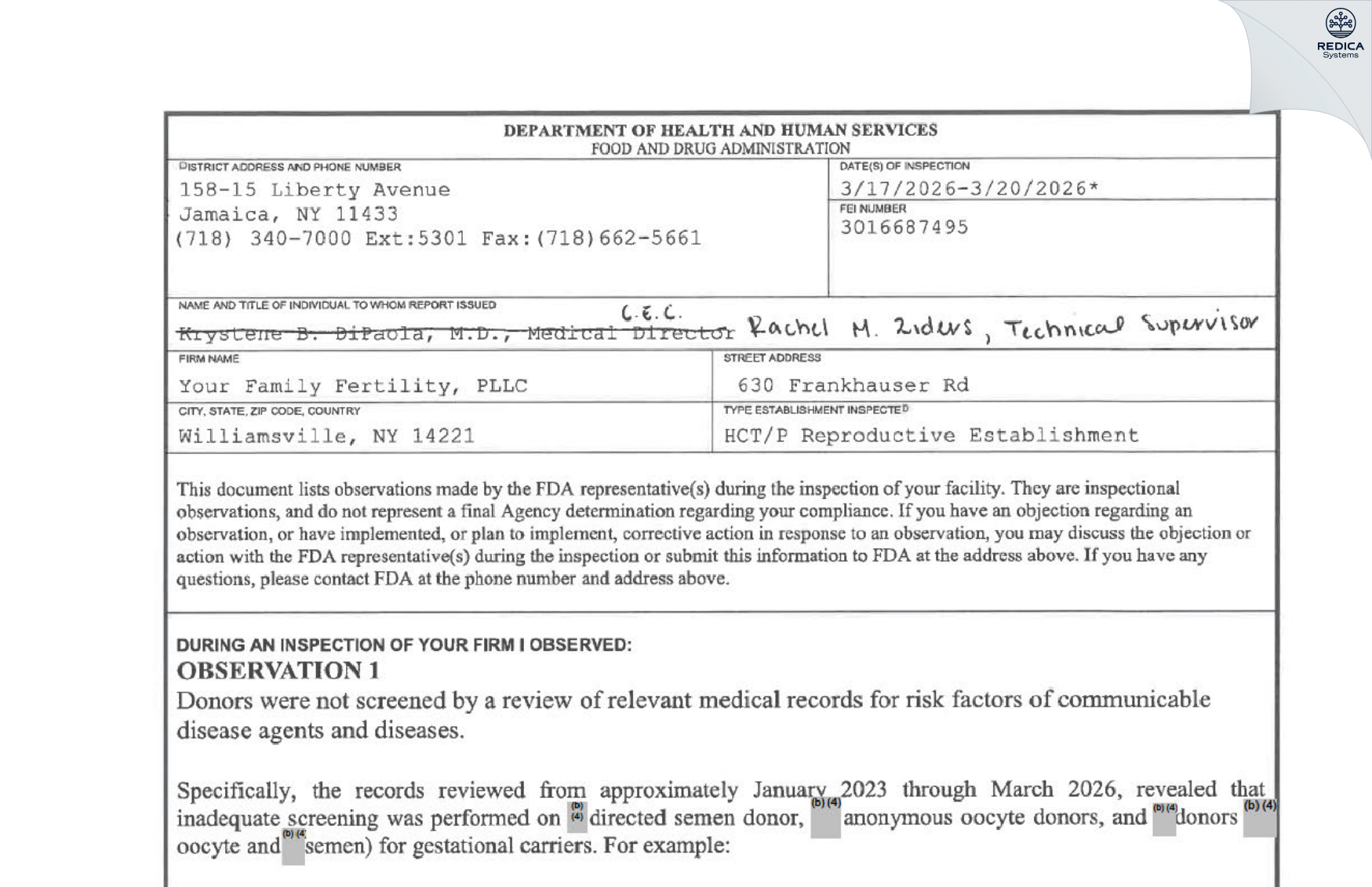 FDA 483 - Your Family Fertility, PLLC [Buffalo / United States of America] - Download PDF - Redica Systems