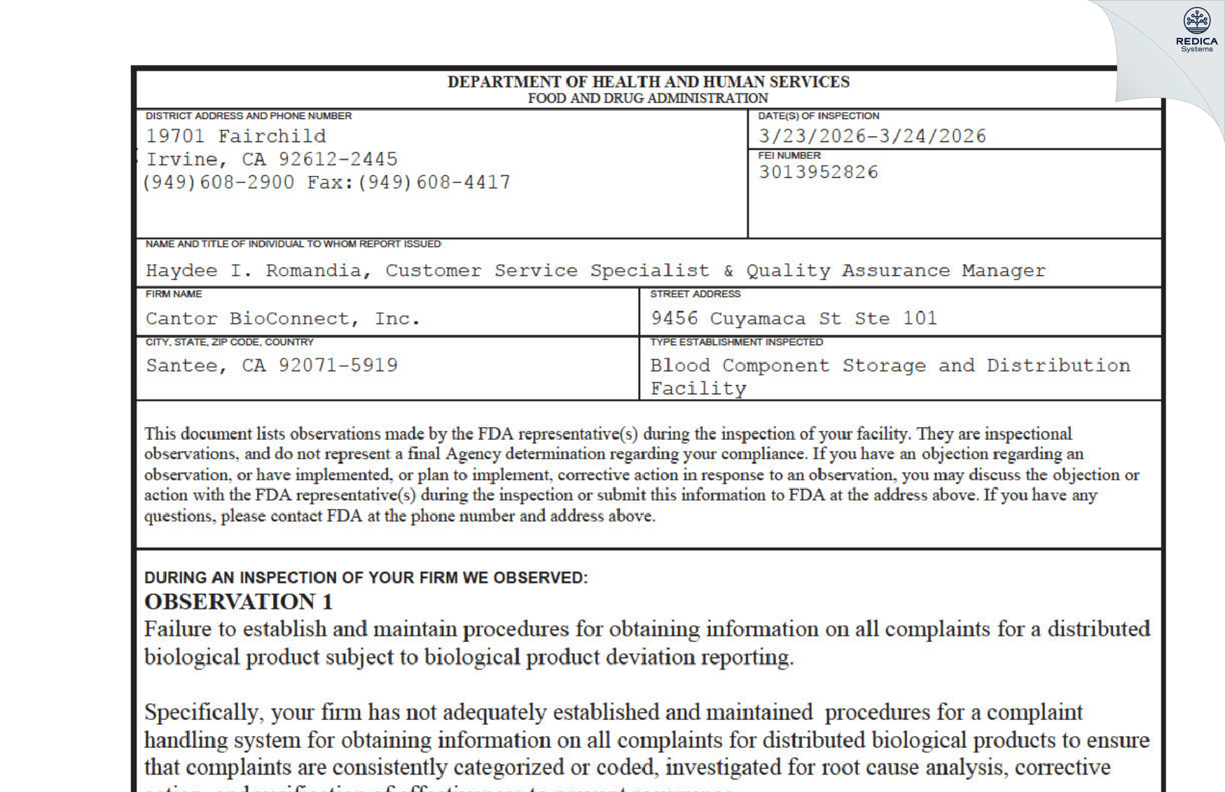 FDA 483 - Cantor BioConnect, Inc. [Santee / United States of America] - Download PDF - Redica Systems