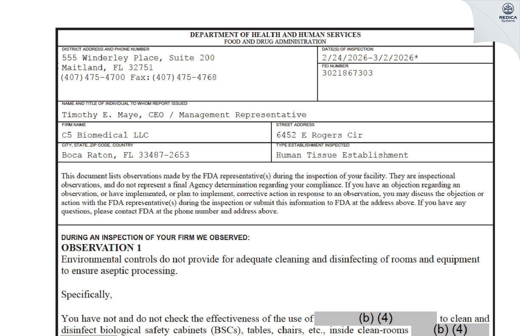 FDA 483 - C5 Biomedical LLC [Boca Raton / United States of America] - Download PDF - Redica Systems
