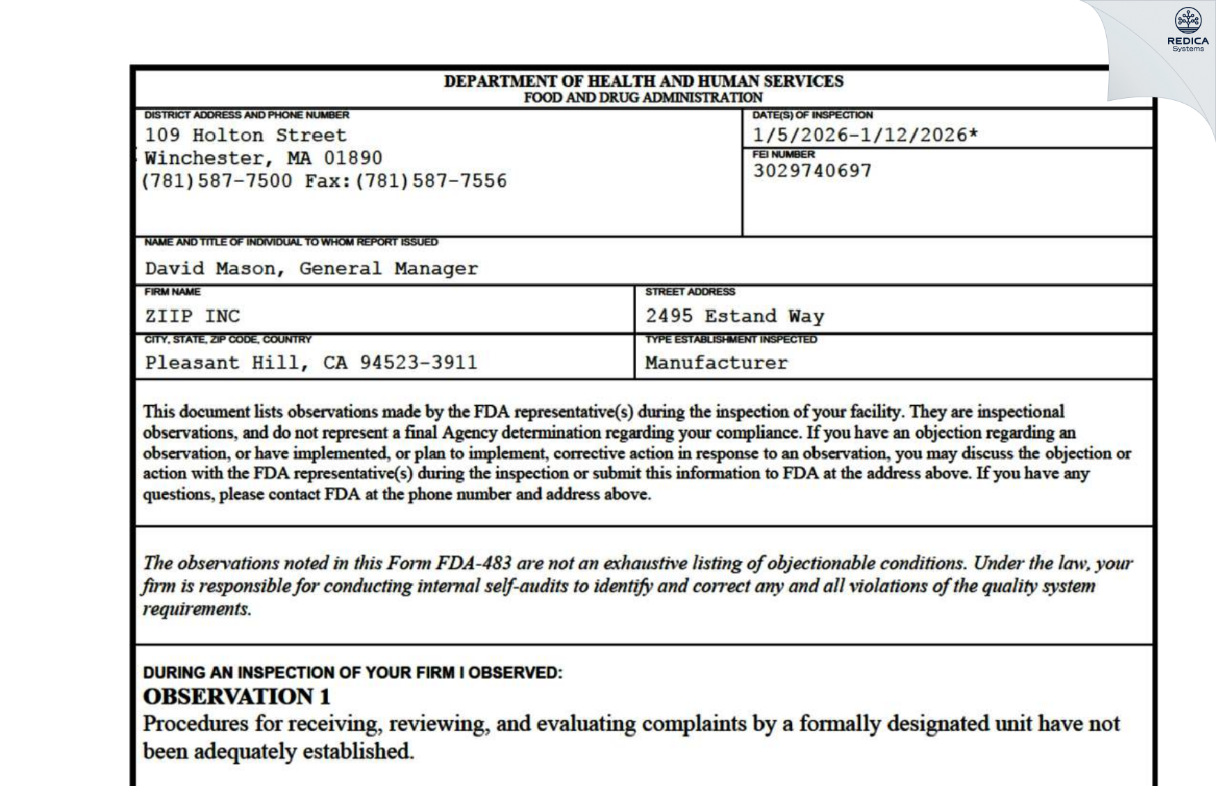FDA 483 - ZIIP INC [Pleasant Hill / United States of America] - Download PDF - Redica Systems