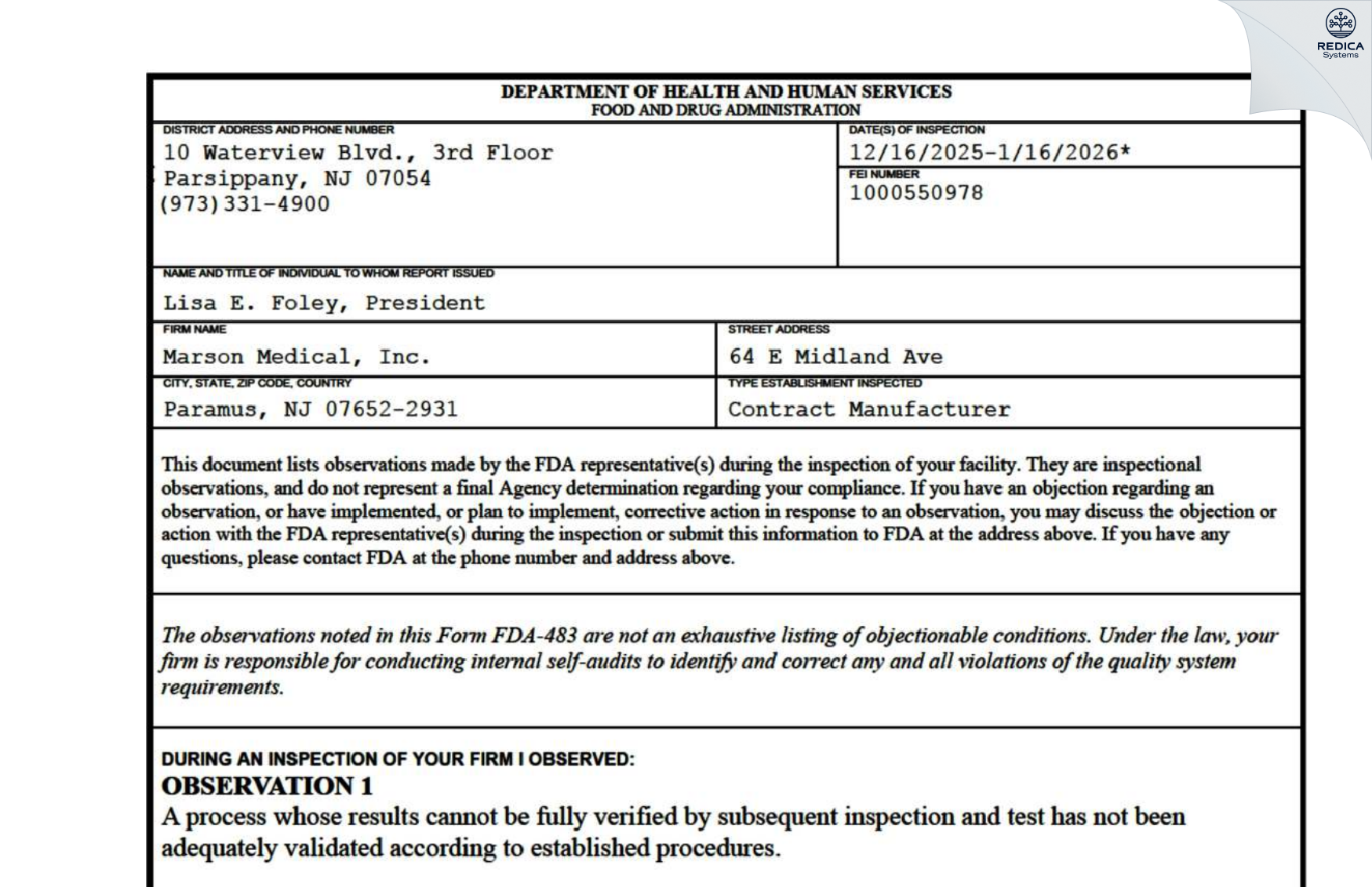 FDA 483 - MARSON MEDICAL, INC. [Paramus / United States of America] - Download PDF - Redica Systems