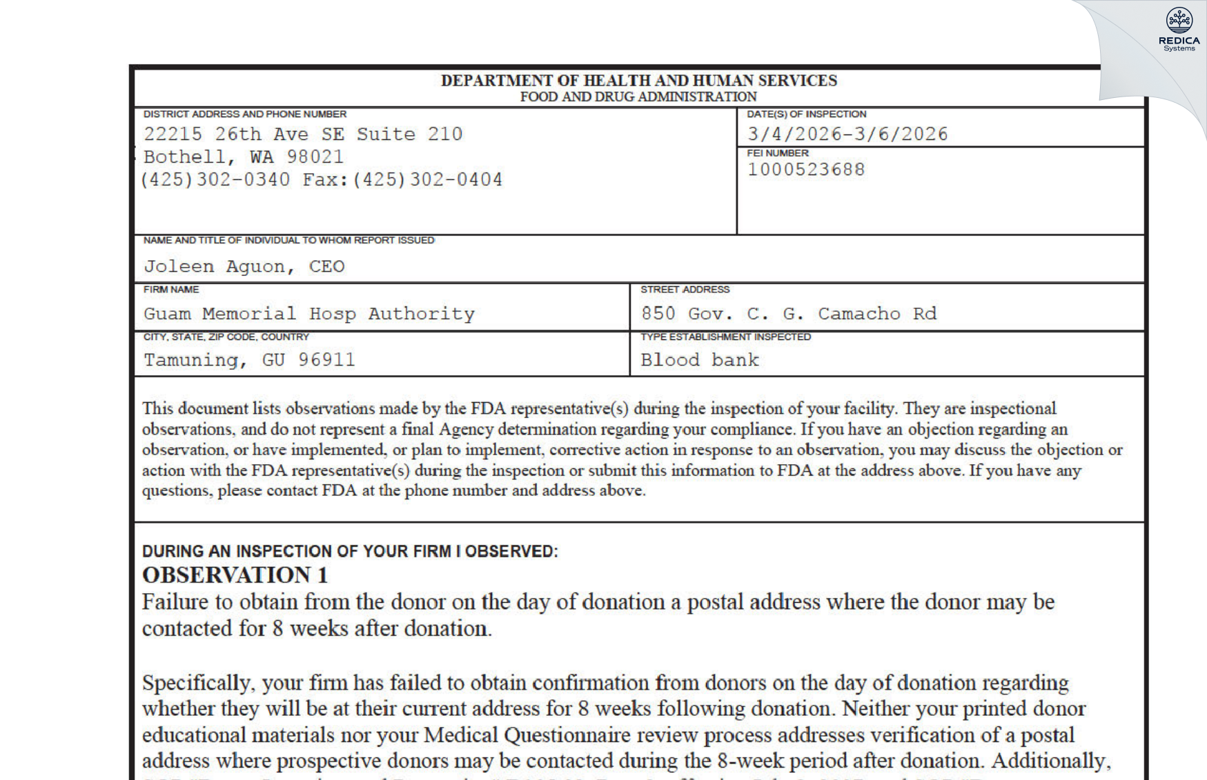 FDA 483 - Guam Memorial Hosp Authority [Tamuning / Guam] - Download PDF - Redica Systems