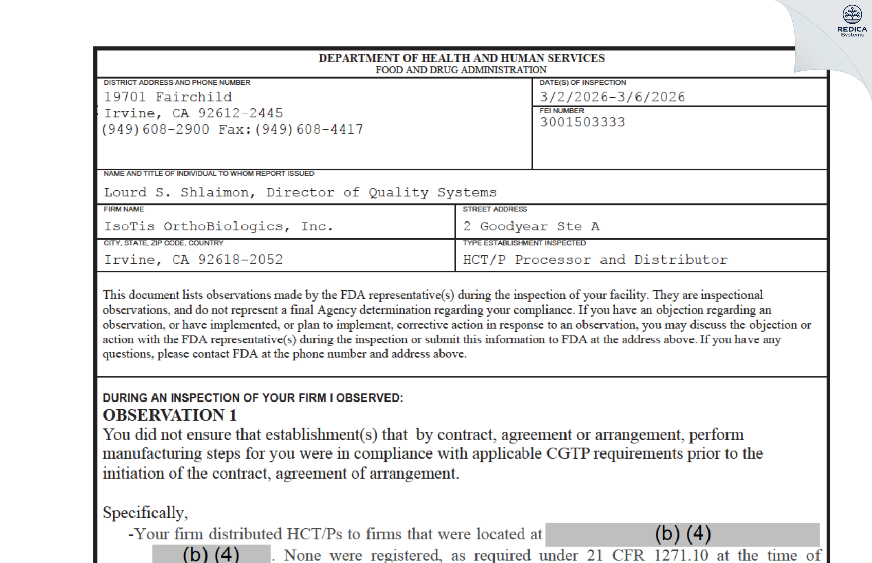FDA 483 - IsoTis OrthoBiologics, Inc. [Irvine / United States of America] - Download PDF - Redica Systems